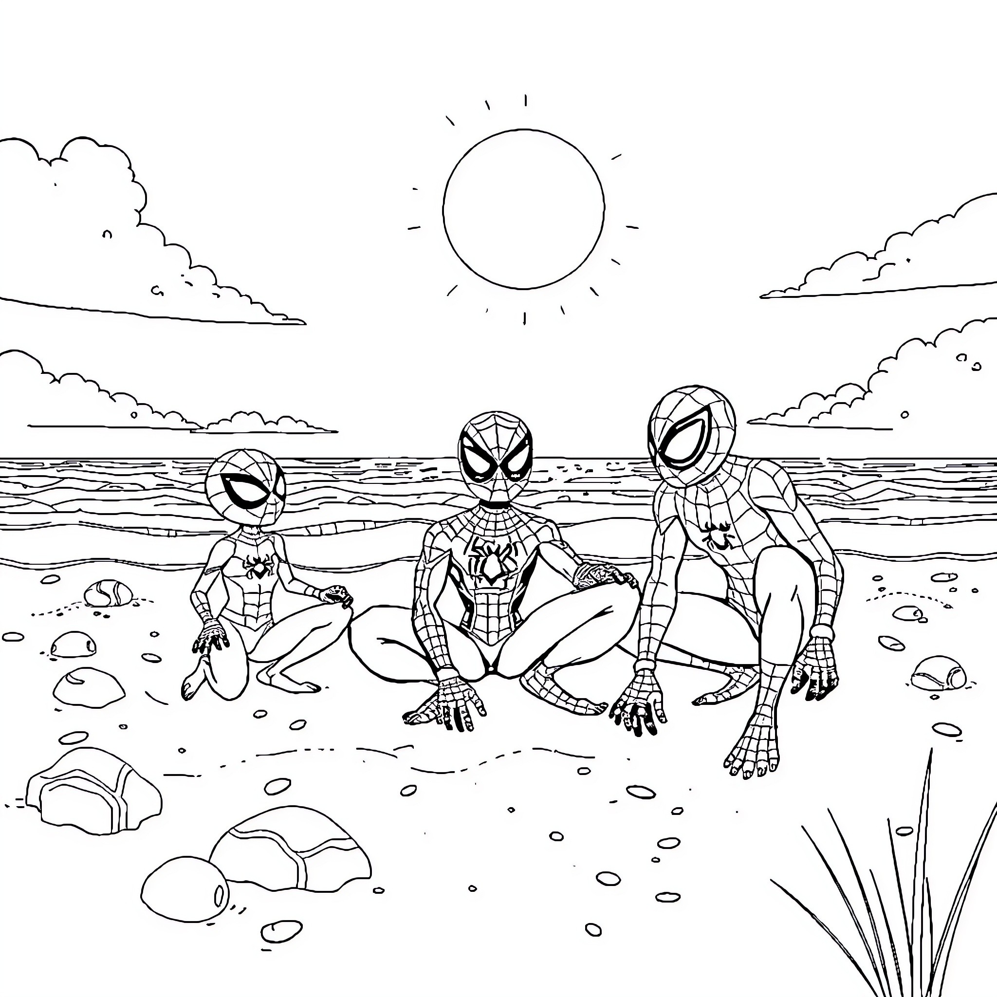 Spider-themed characters exploring the beach Coloring Page (free black-and-white line drawing printable PDF for all, from beginners to advanced learners, including children, teens, adults, and seniors)