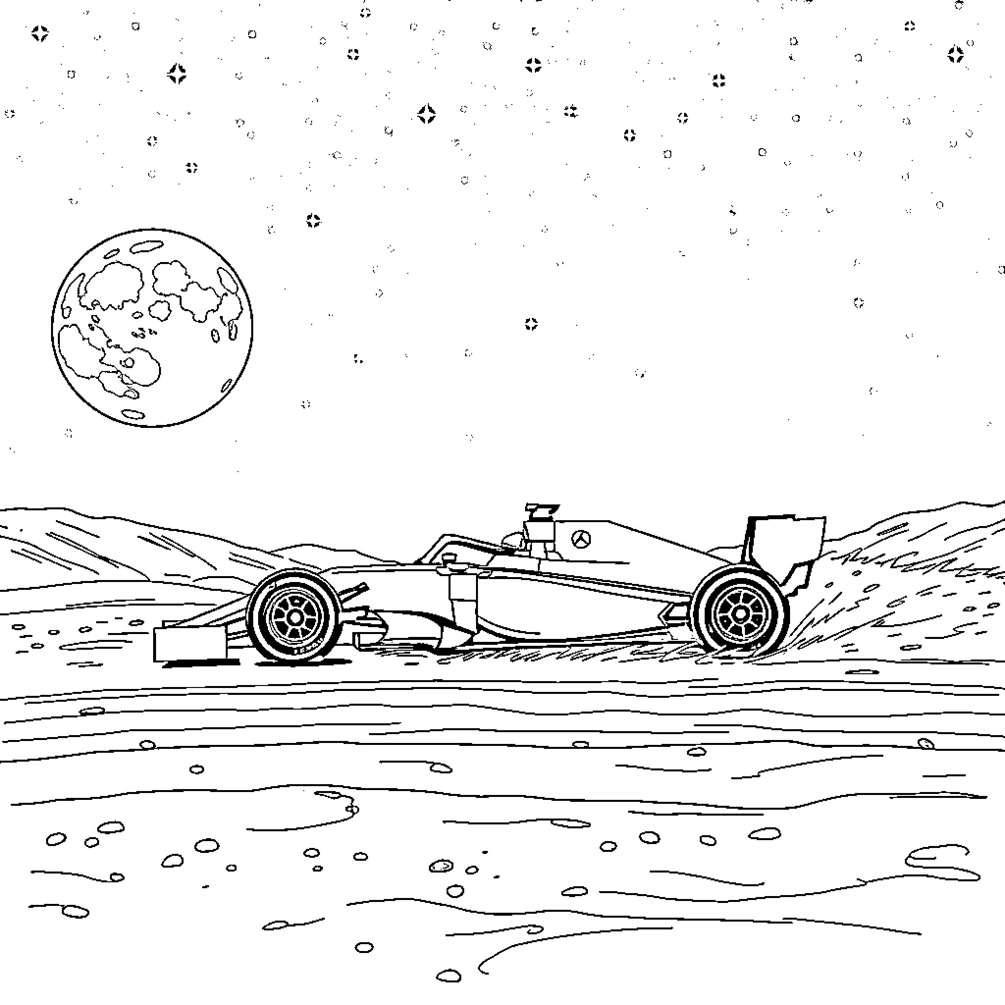Formula 1 Car on Racetrack in Outer Space Coloring Page (free black-and-white line drawing printable PDF for all, from beginners to advanced learners, including children, teens, adults, and seniors)