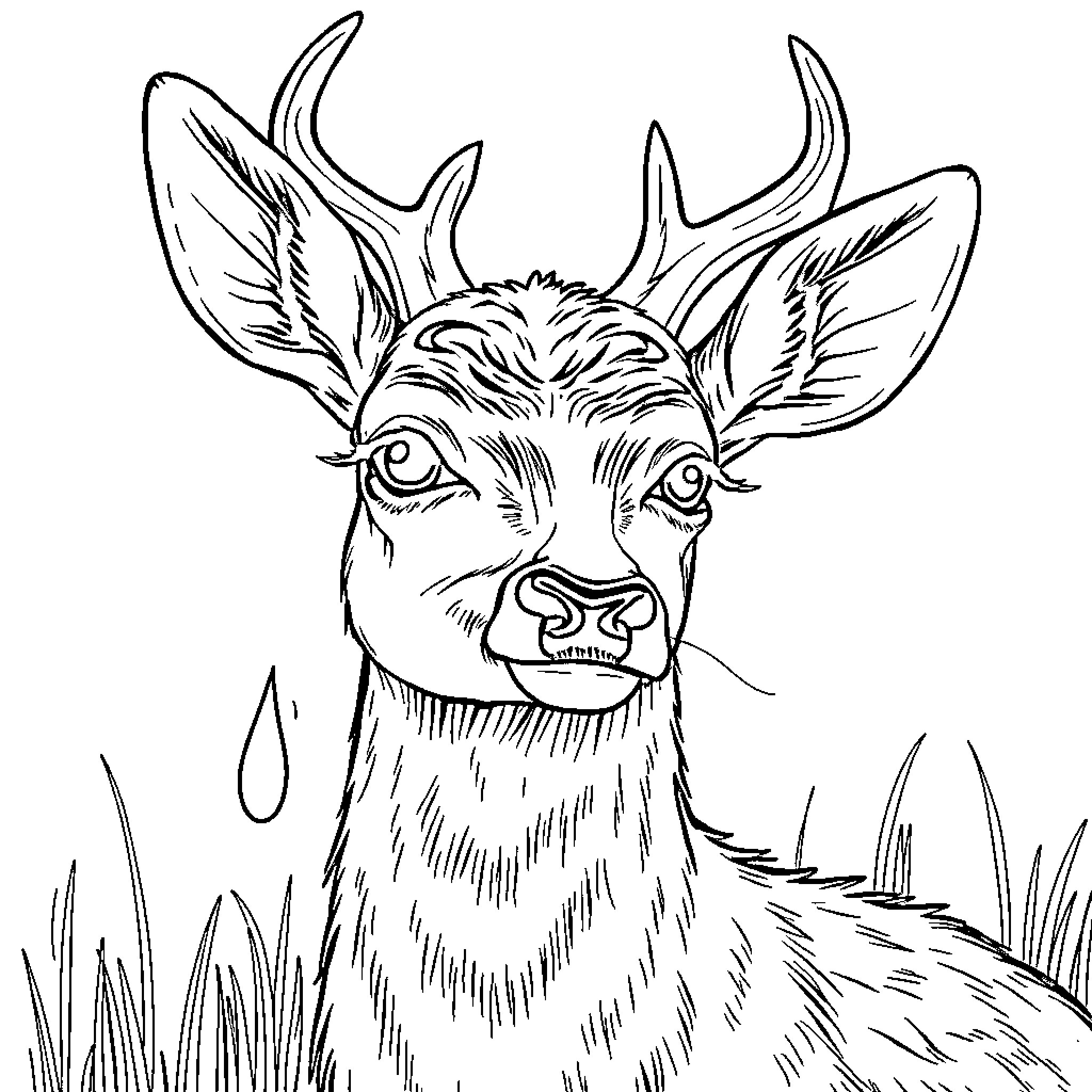 Deer with expressive face in grassy field Coloring Page (free black-and-white line drawing printable PDF for all, from beginners to advanced learners, including children, teens, adults, and seniors)