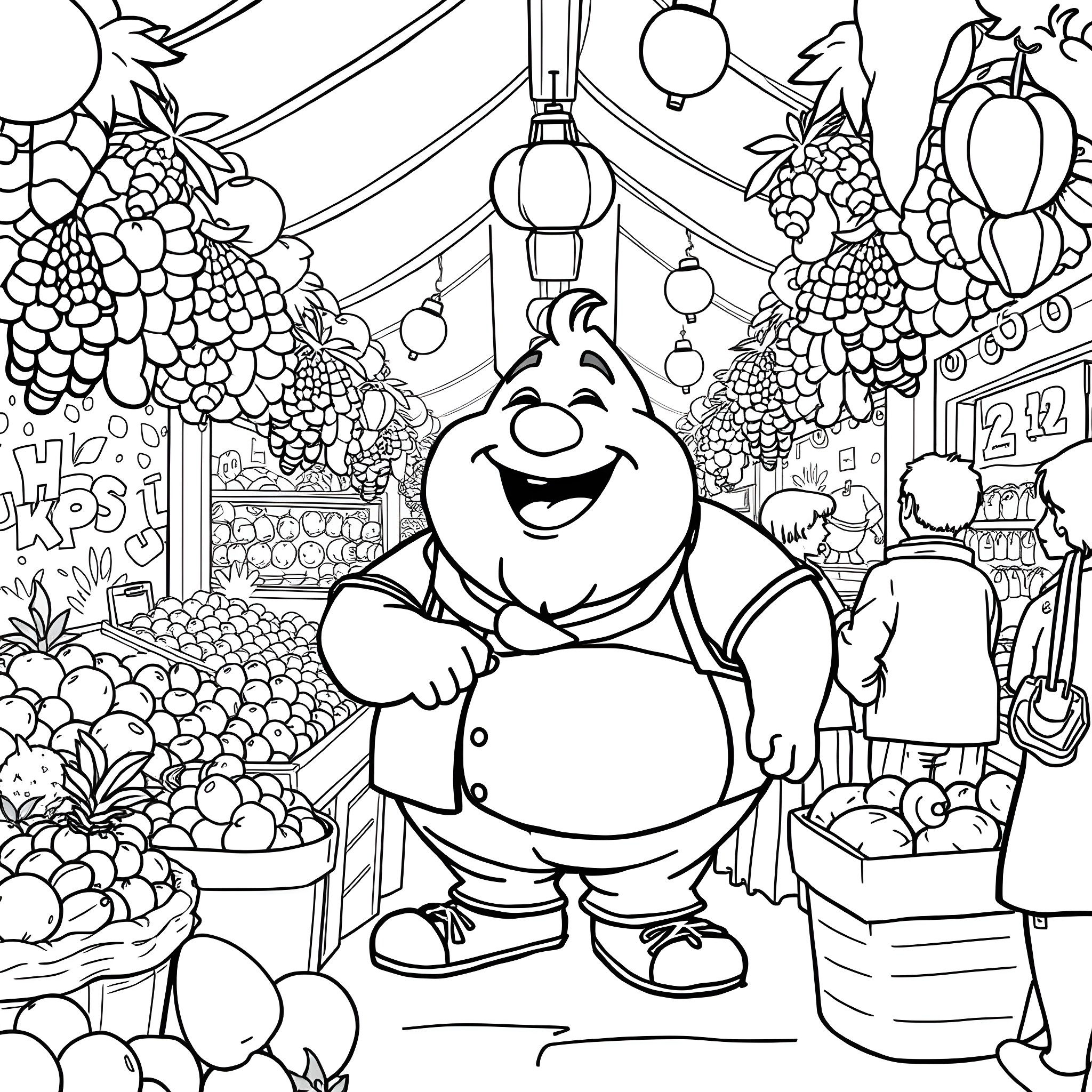 Mr. Charron in a Lively Fruit Market Coloring Page (free black-and-white line drawing printable PDF for all, from beginners to advanced learners, including children, teens, adults, and seniors)