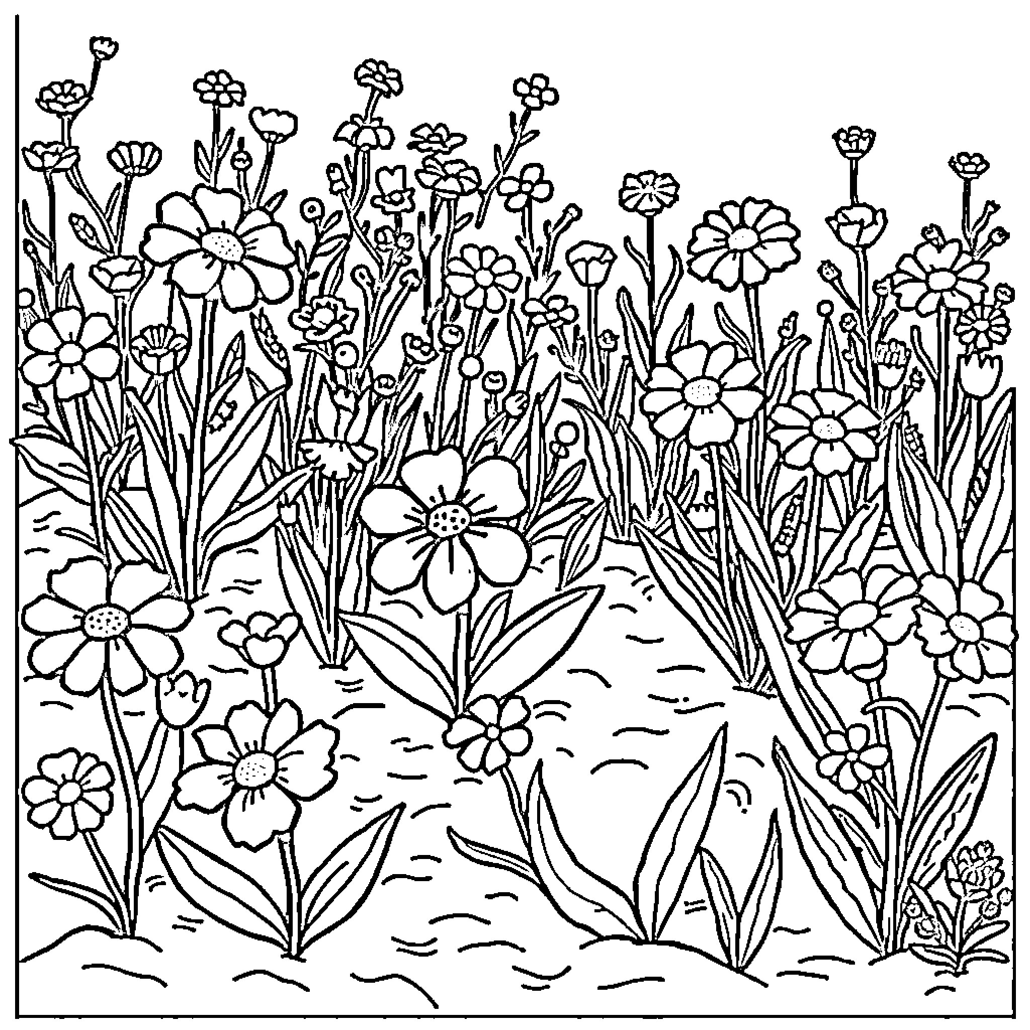 Garden Filled with Blooming Flowers Coloring Page (free black-and-white line drawing printable PDF for all, from beginners to advanced learners, including children, teens, adults, and seniors)