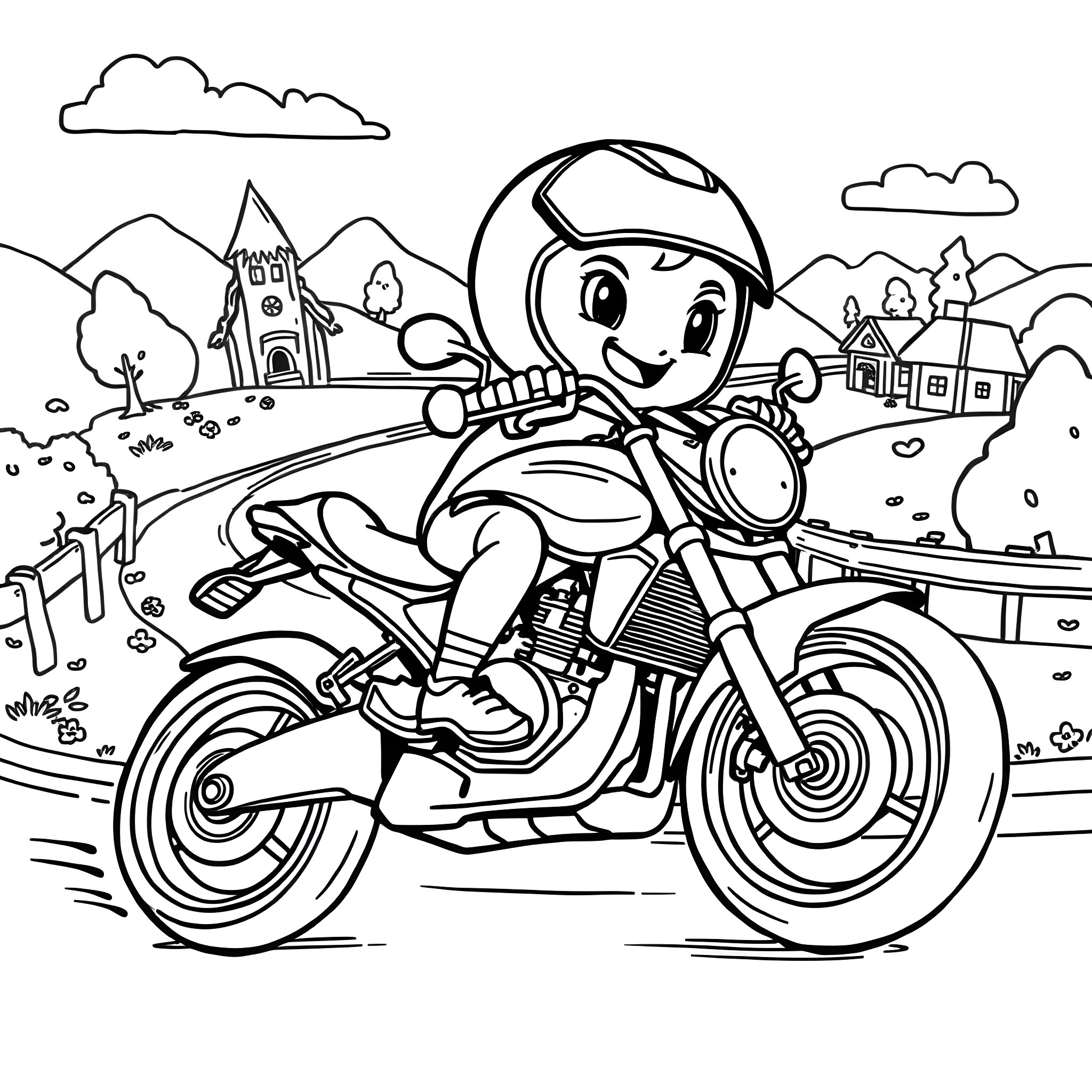 Nugget riding motorcycle through the countryside Coloring Page (free black-and-white line drawing printable PDF for all, from beginners to advanced learners, including children, teens, adults, and seniors)