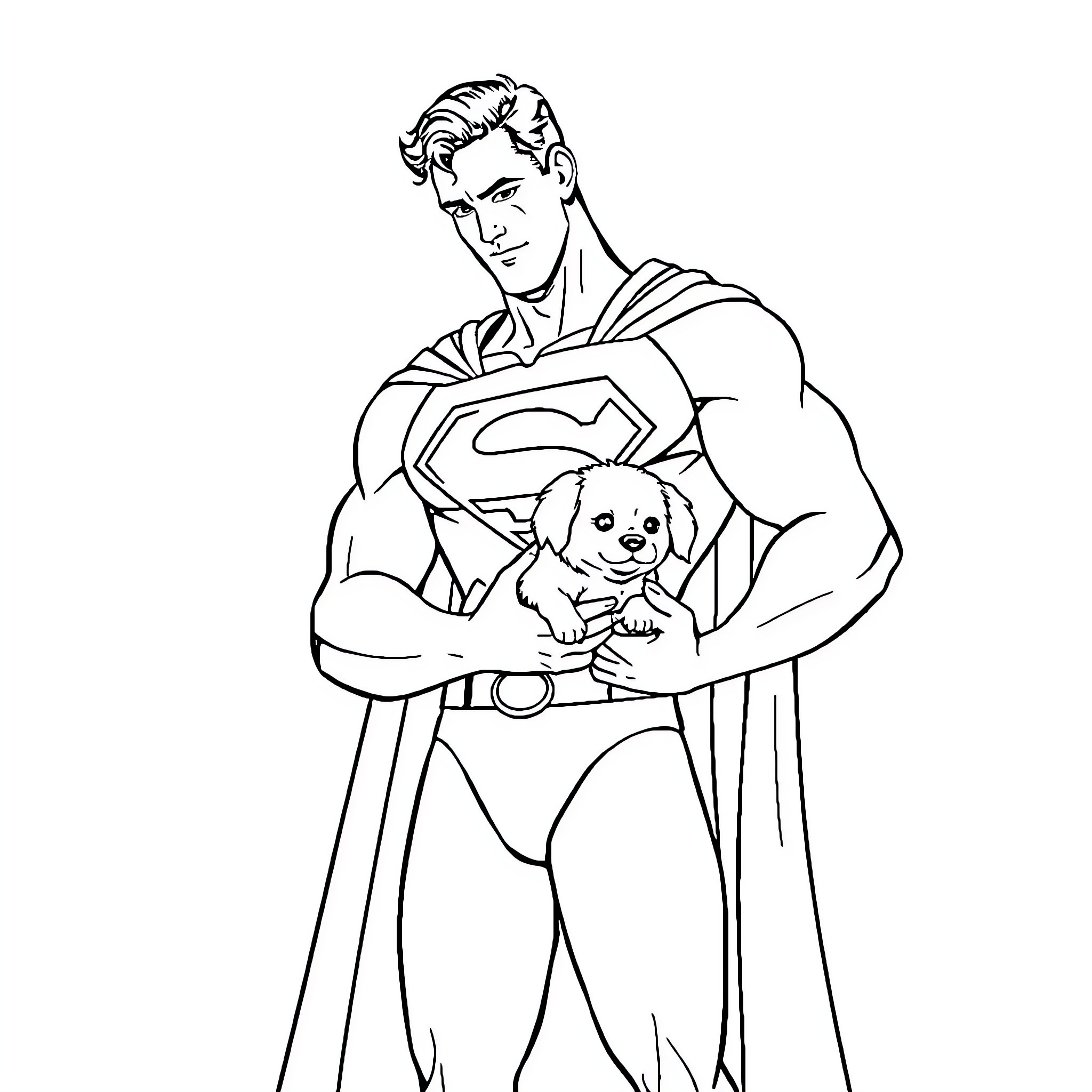 Superman protects adorable puppy in heroic pose Coloring Page (free black-and-white line drawing printable PDF for all, from beginners to advanced learners, including children, teens, adults, and seniors)