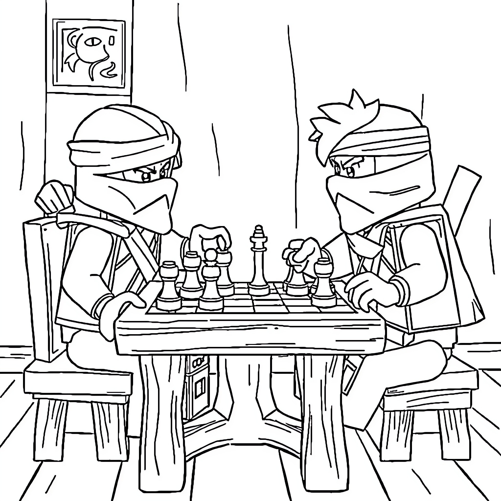 Ninjago ninjas engage in a chess match Coloring Page (free black-and-white line drawing printable PDF for all, from beginners to advanced learners, including children, teens, adults, and seniors)