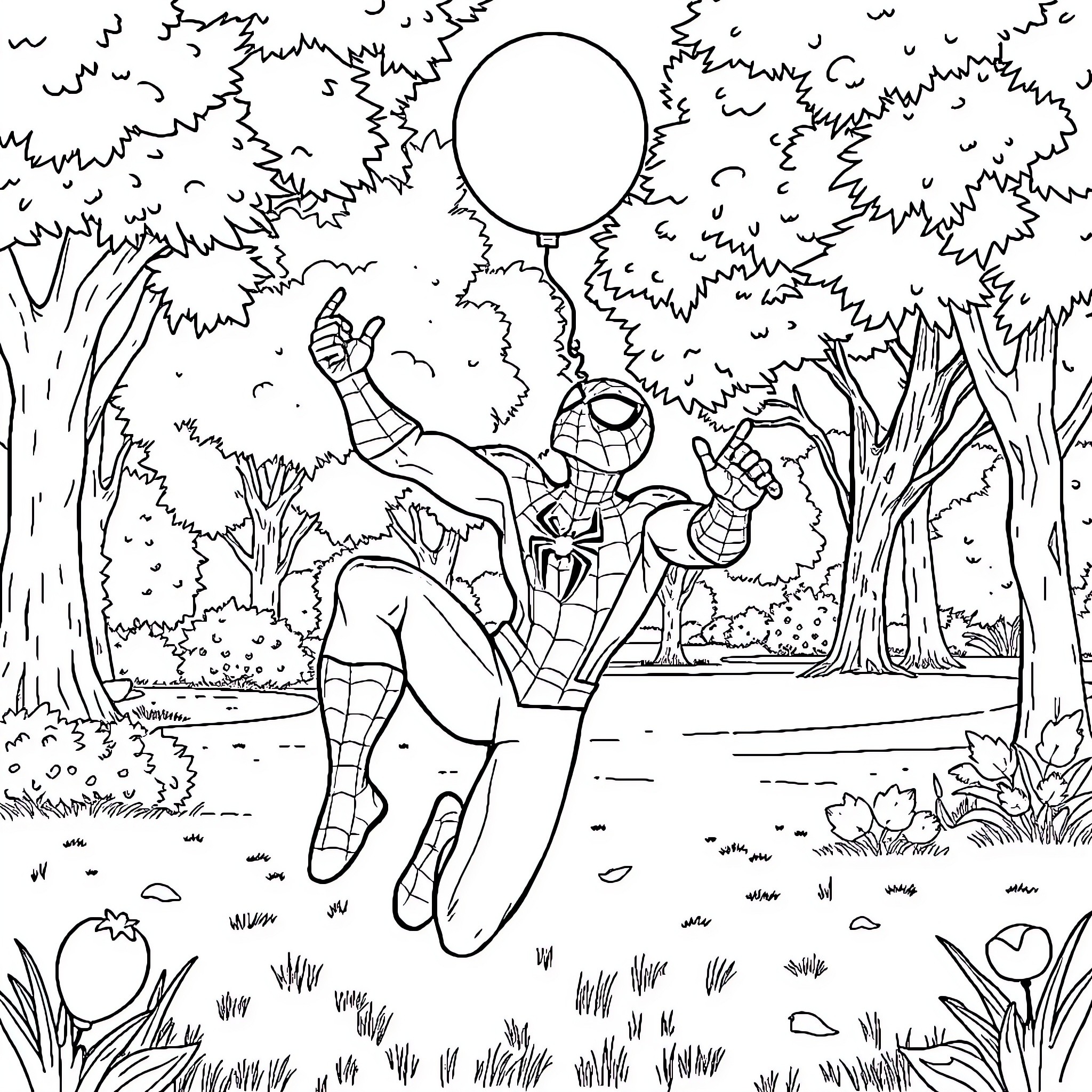 Spiderman swinging through a forest with a balloon Coloring Page (free black-and-white line drawing printable PDF for all, from beginners to advanced learners, including children, teens, adults, and seniors)