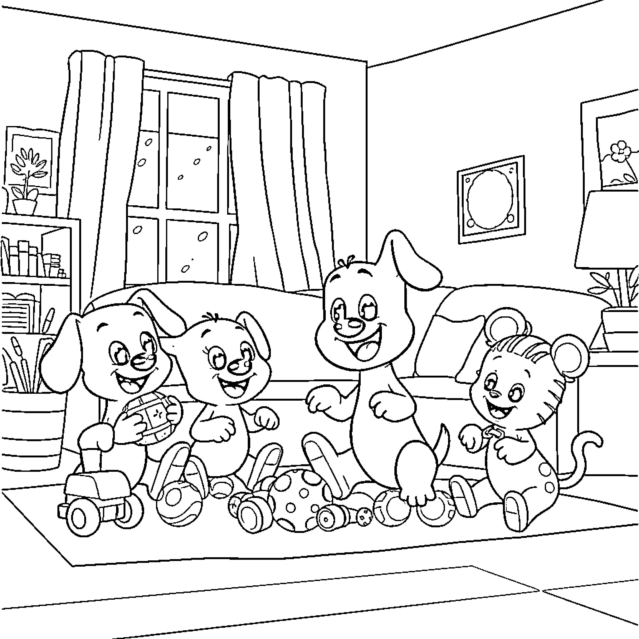 Bluey's playful adventure with friends in the room Coloring Page (free black-and-white line drawing printable PDF for all, from beginners to advanced learners, including children, teens, adults, and seniors)