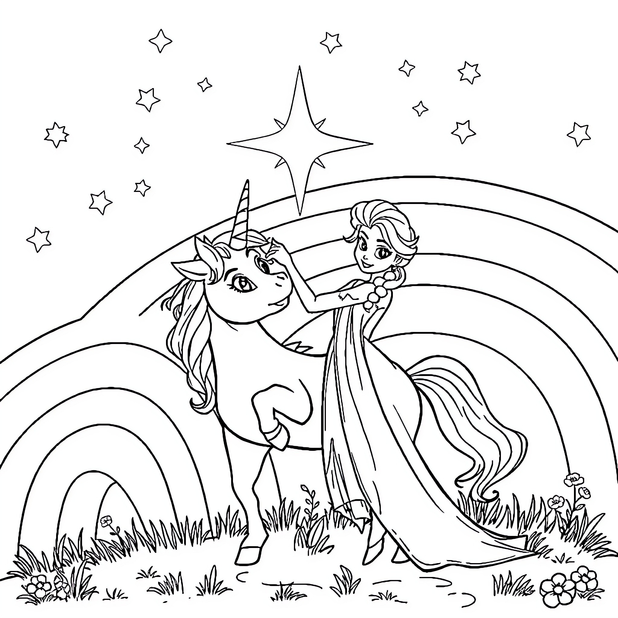 Elsa and her Magical Unicorn Under the Starry Sky Coloring Page (free black-and-white line drawing printable PDF for all, from beginners to advanced learners, including children, teens, adults, and seniors)