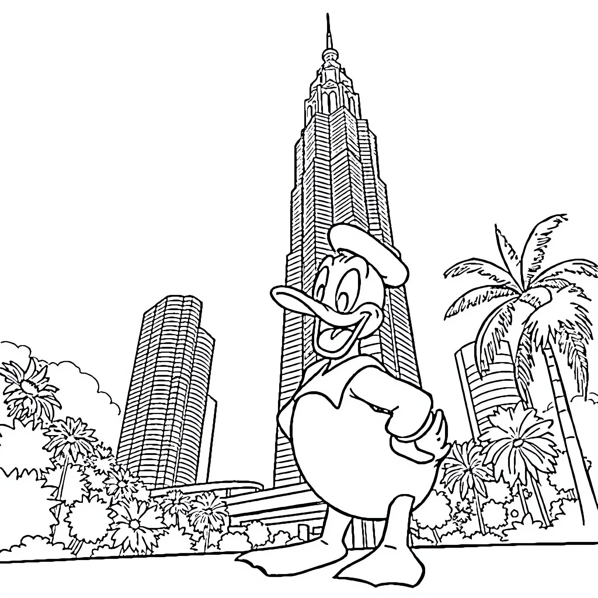 Donald Duck exploring the city skyline Coloring Page (free black-and-white line drawing printable PDF for all, from beginners to advanced learners, including children, teens, adults, and seniors)