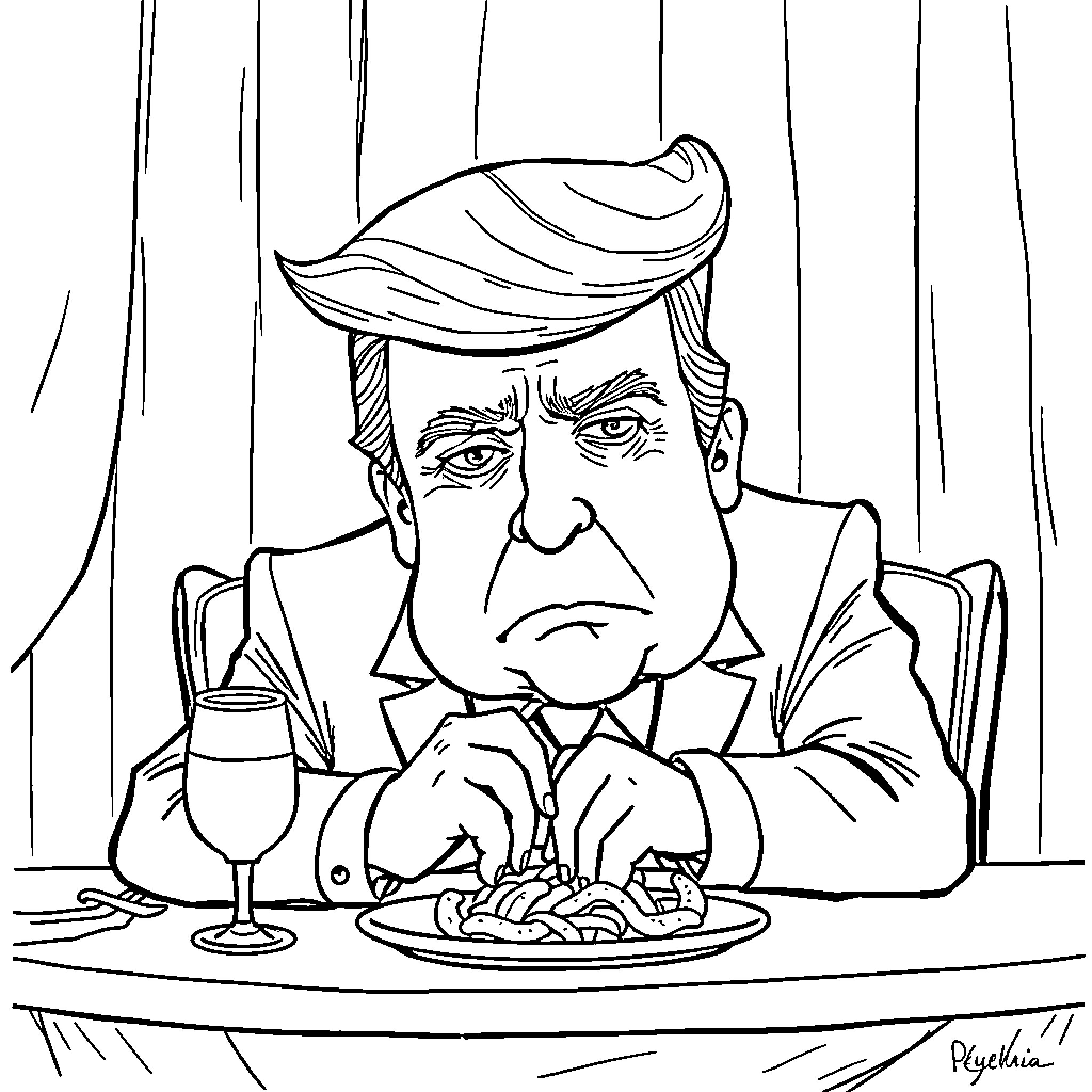 Donald Trump Dining with a Dissatisfied Expression Coloring Page (free black-and-white line drawing printable PDF for all, from beginners to advanced learners, including children, teens, adults, and seniors)