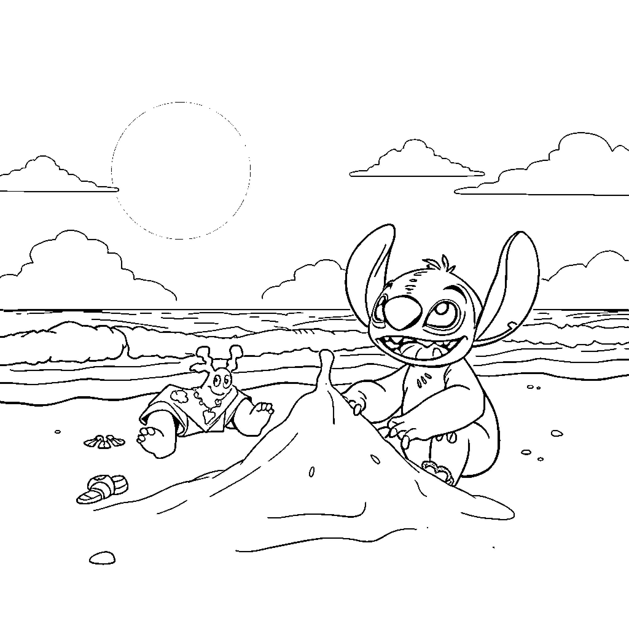 Lilo playing with her alien friend on the beach Coloring Page (free black-and-white line drawing printable PDF for all, from beginners to advanced learners, including children, teens, adults, and seniors)