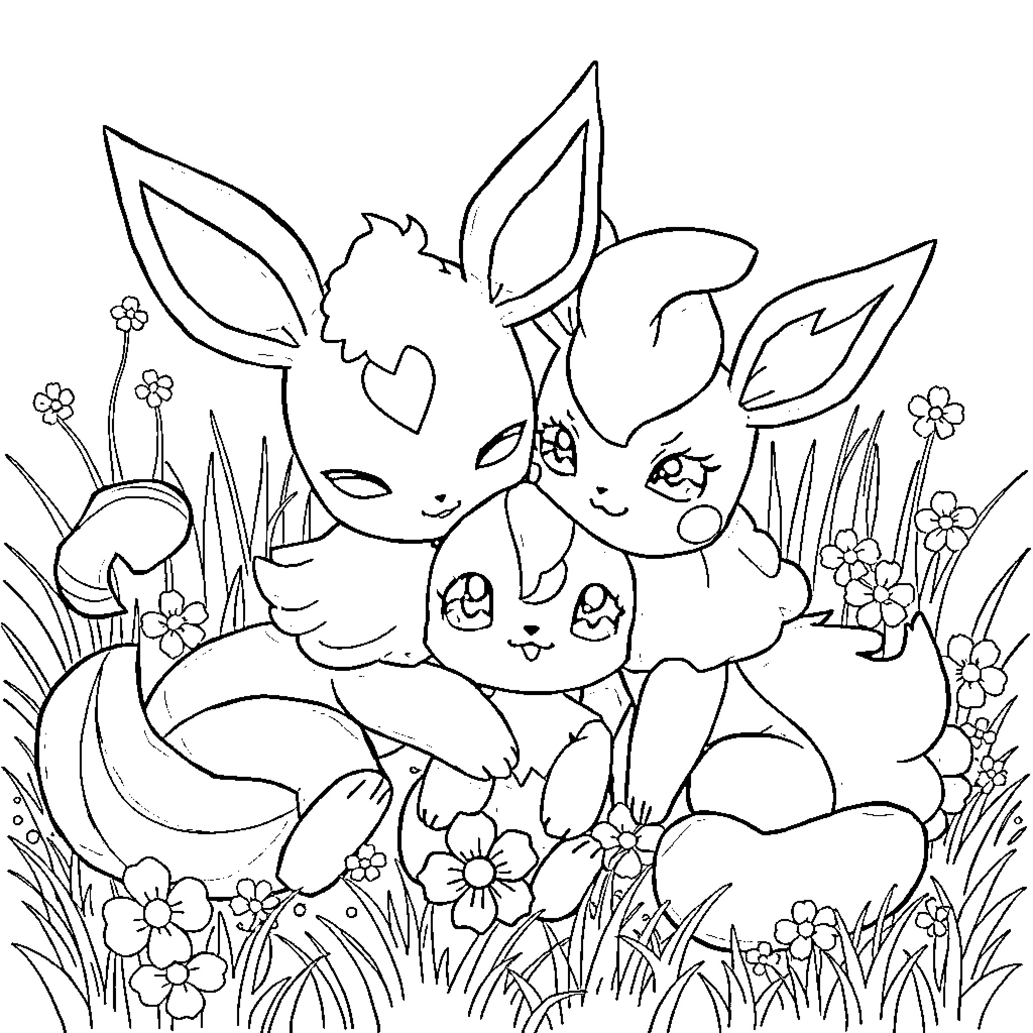Umbreon and friends playing in a floral field Coloring Page (free black-and-white line drawing printable PDF for all, from beginners to advanced learners, including children, teens, adults, and seniors)