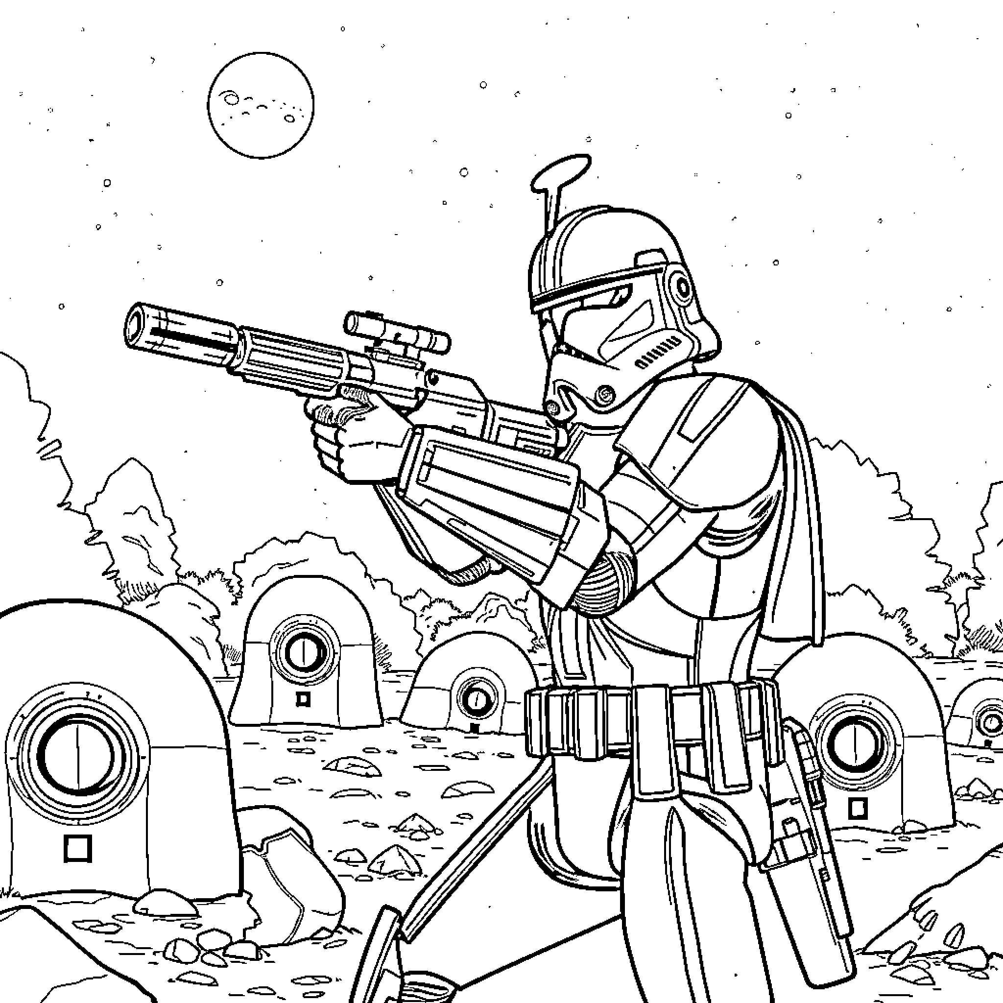 Clone Trooper on patrol with blaster rifle Coloring Page (free black-and-white line drawing printable PDF for all, from beginners to advanced learners, including children, teens, adults, and seniors)