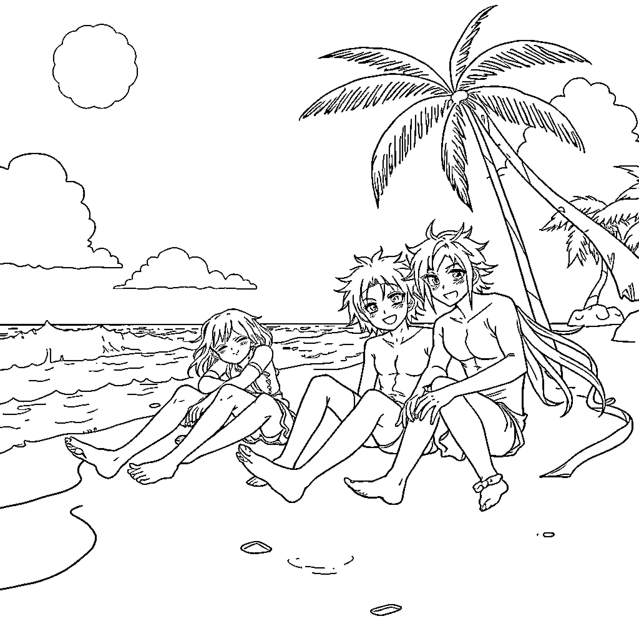 Demon Slayer Relaxing on Tropical Beach Coloring Page (free black-and-white line drawing printable PDF for all, from beginners to advanced learners, including children, teens, adults, and seniors)