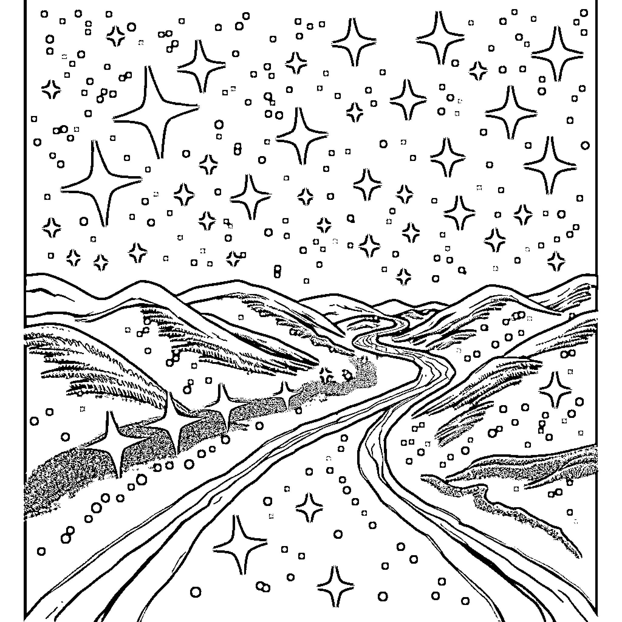 Star-filled Starry Night Sky over Winding Road Coloring Page (free black-and-white line drawing printable PDF for all, from beginners to advanced learners, including children, teens, adults, and seniors)