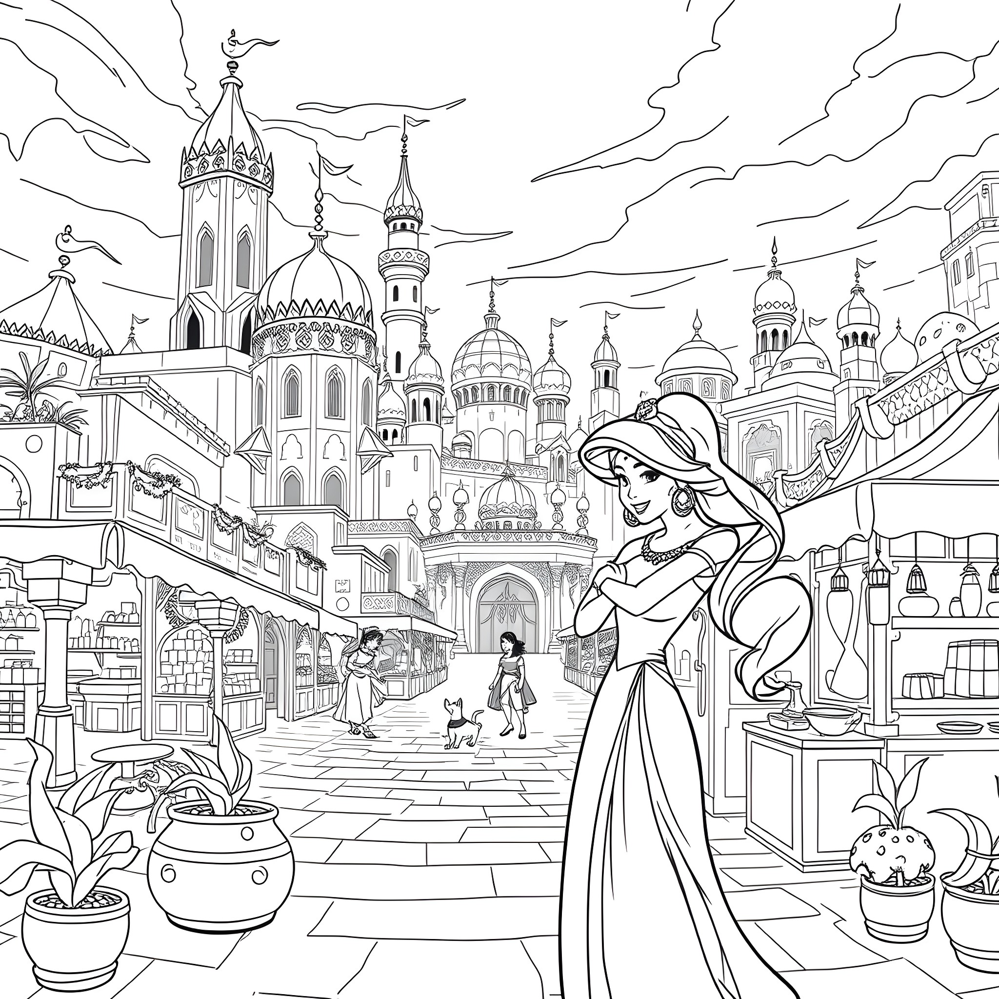 Jasmine's Enchanting Adventure in a Vibrant Marketplace Coloring Page (free black-and-white line drawing printable PDF for all, from beginners to advanced learners, including children, teens, adults, and seniors)