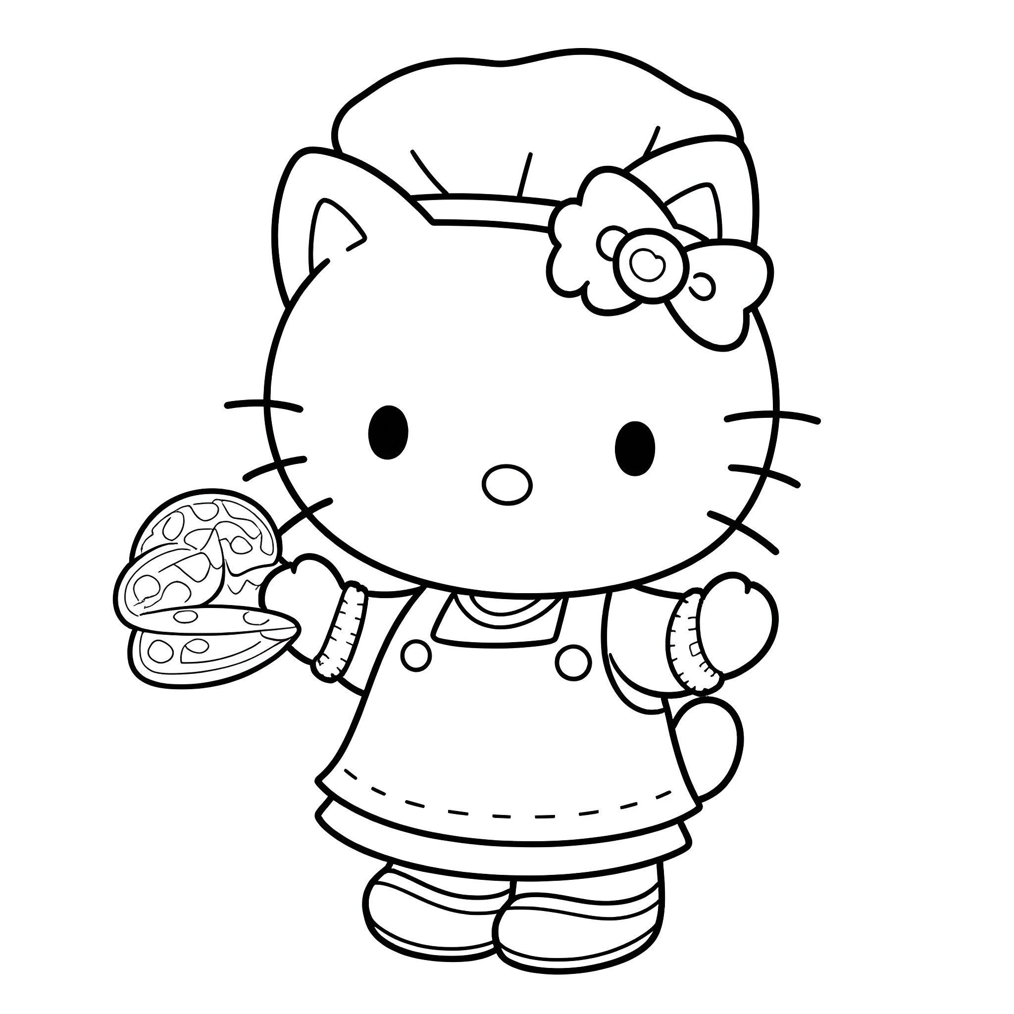 Hello Kitty cooking a burger with a flower in her hair Coloring Page (free black-and-white line drawing printable PDF for all, from beginners to advanced learners, including children, teens, adults, and seniors)