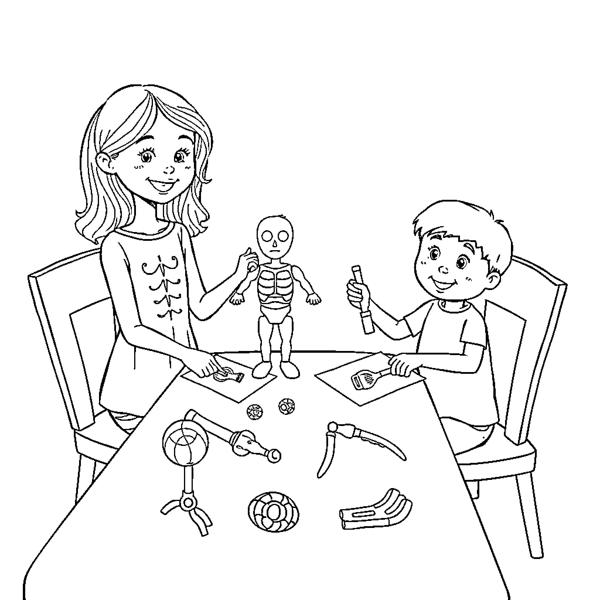 Kids exploring science equipment and anatomy model Coloring Page (free black-and-white line drawing printable PDF for all, from beginners to advanced learners, including children, teens, adults, and seniors)
