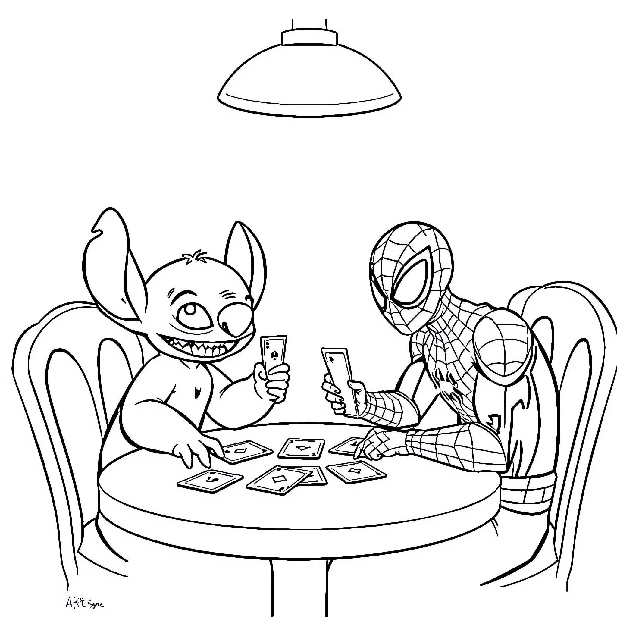 Stitch and Spider-Man playing cards together Coloring Page (free black-and-white line drawing printable PDF for all, from beginners to advanced learners, including children, teens, adults, and seniors)
