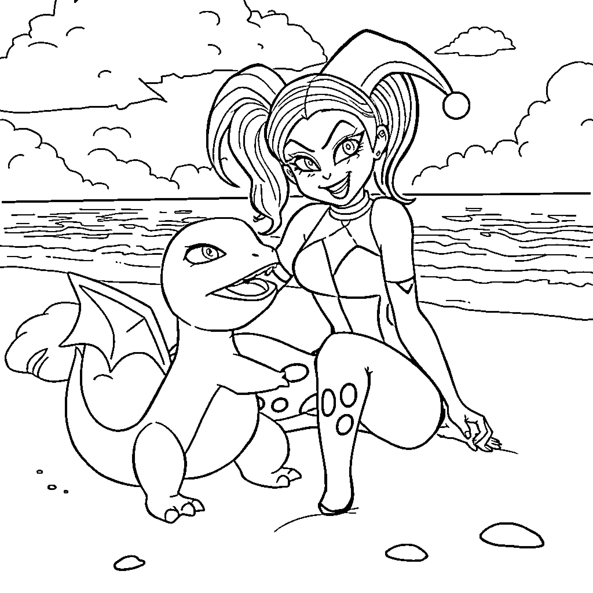 Harley Quinn enjoying a day at the beach with her pet dragon Coloring Page (free black-and-white line drawing printable PDF for all, from beginners to advanced learners, including children, teens, adults, and seniors)