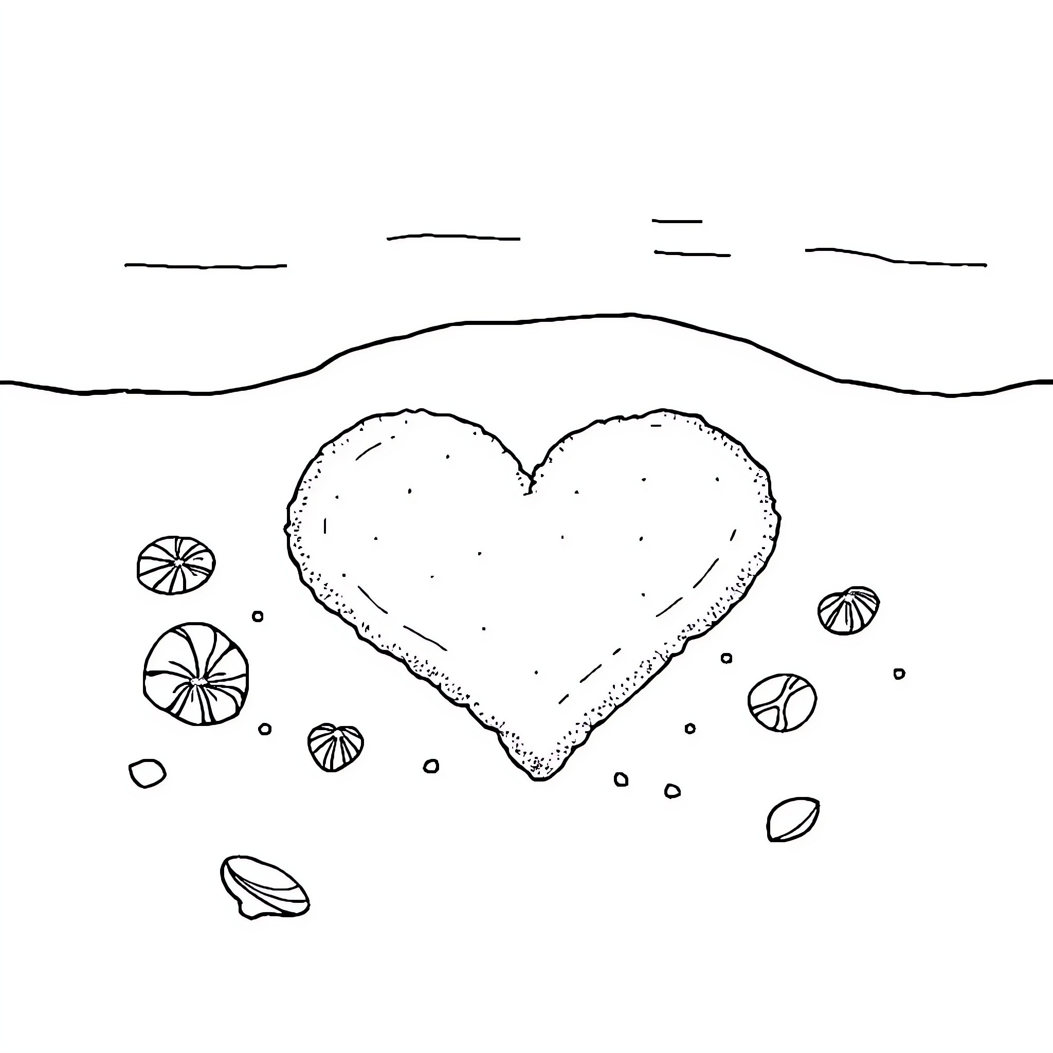 Heart shaped pastry on sandy beach Coloring Page (free black-and-white line drawing printable PDF for all, from beginners to advanced learners, including children, teens, adults, and seniors)