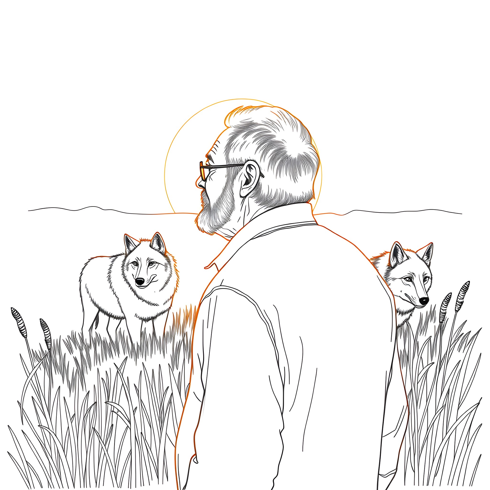 Old Man Observing Wolves in the Wild Coloring Page (free black-and-white line drawing printable PDF for all, from beginners to advanced learners, including children, teens, adults, and seniors)