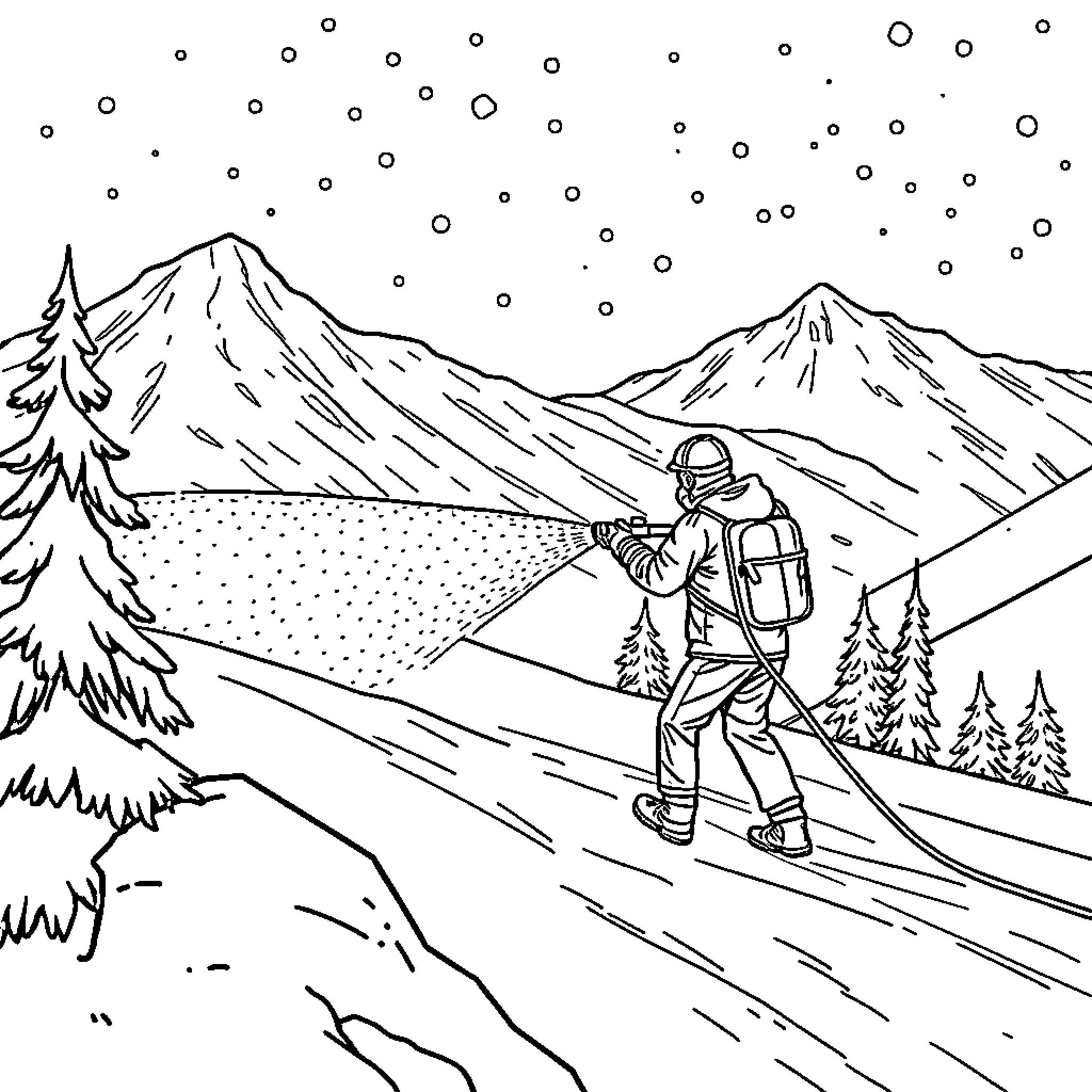 Snowmaker exploring the snowy mountainscape Coloring Page (free black-and-white line drawing printable PDF for all, from beginners to advanced learners, including children, teens, adults, and seniors)
