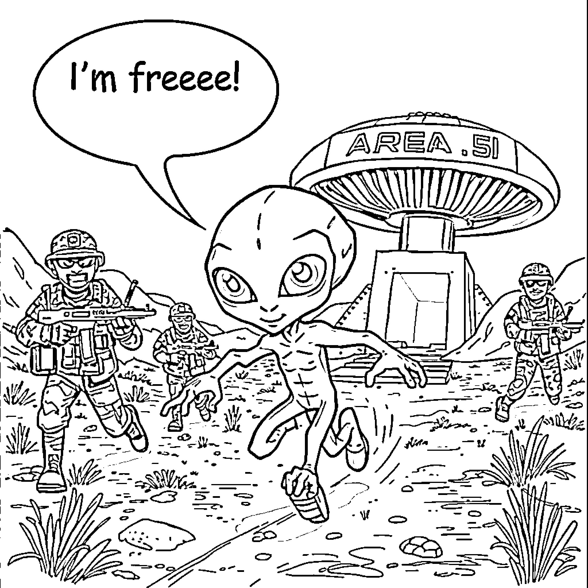 Alien being detained by military forces in a remote area Coloring Page (free black-and-white line drawing printable PDF for all, from beginners to advanced learners, including children, teens, adults, and seniors)