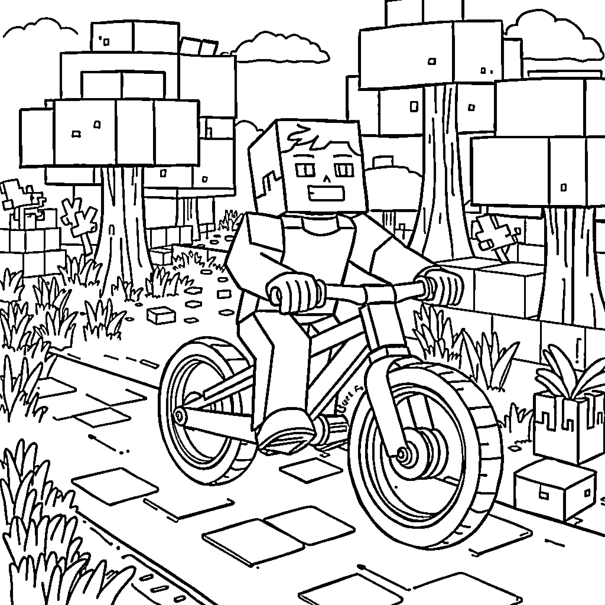 Minecraft Steve riding a bike in the city Coloring Page (free black-and-white line drawing printable PDF for all, from beginners to advanced learners, including children, teens, adults, and seniors)