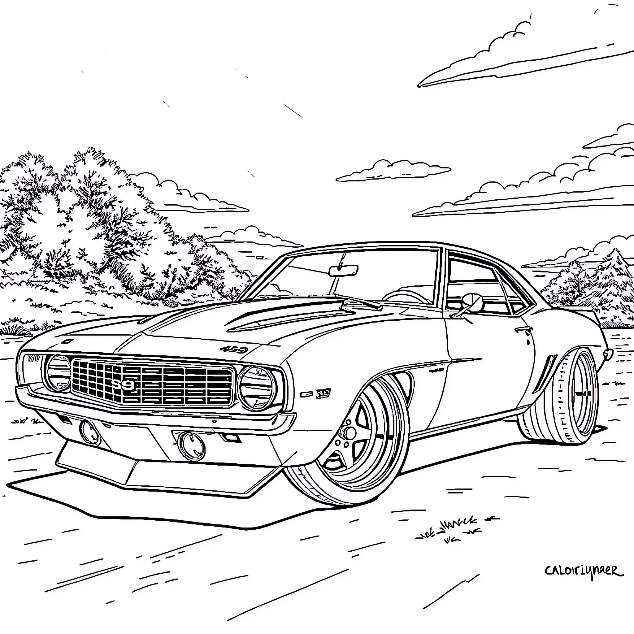 Camaro speeding through scenic landscape Coloring Page (free black-and-white line drawing printable PDF for all, from beginners to advanced learners, including children, teens, adults, and seniors)