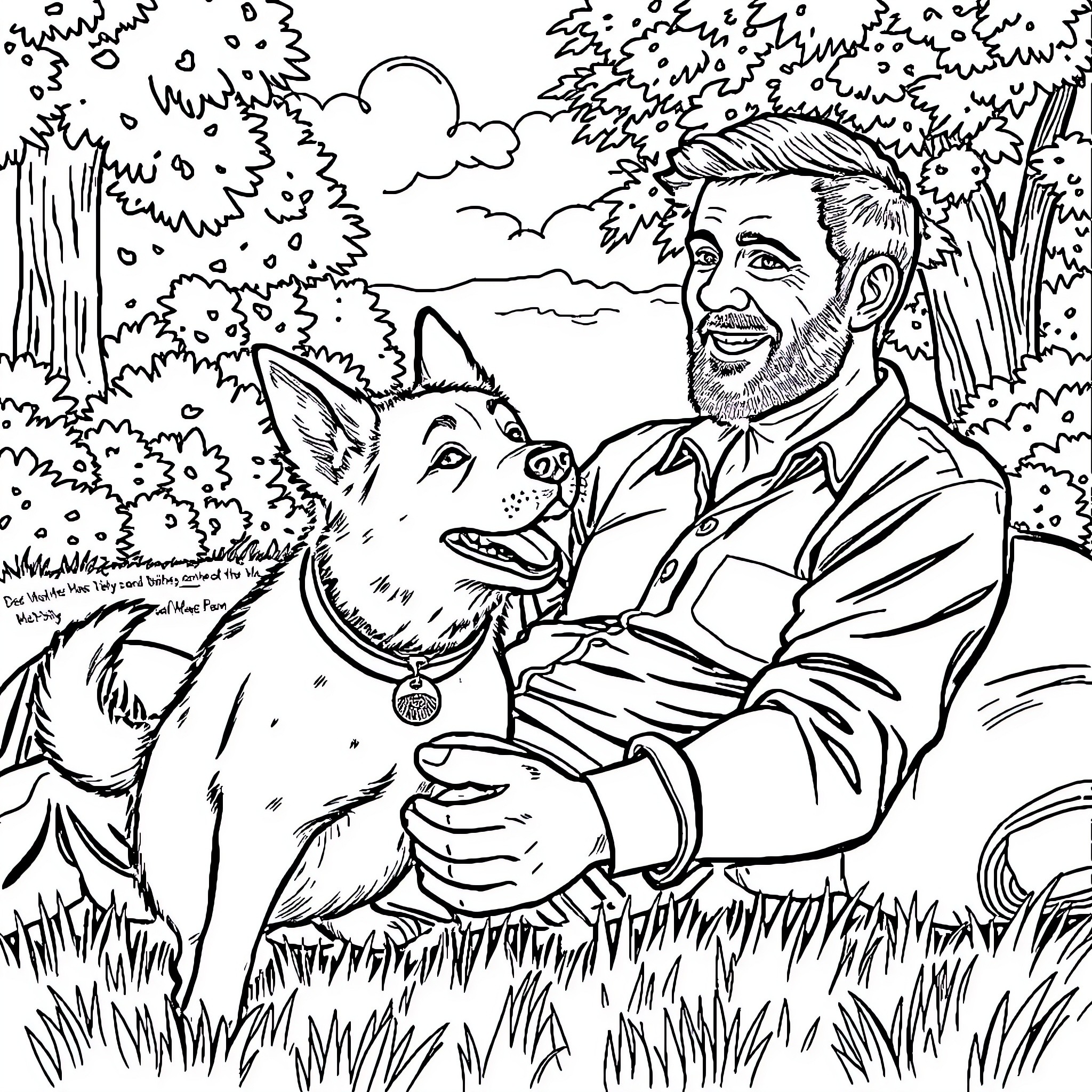 Dog enjoying time with a happy owner in nature Coloring Page (free black-and-white line drawing printable PDF for all, from beginners to advanced learners, including children, teens, adults, and seniors)