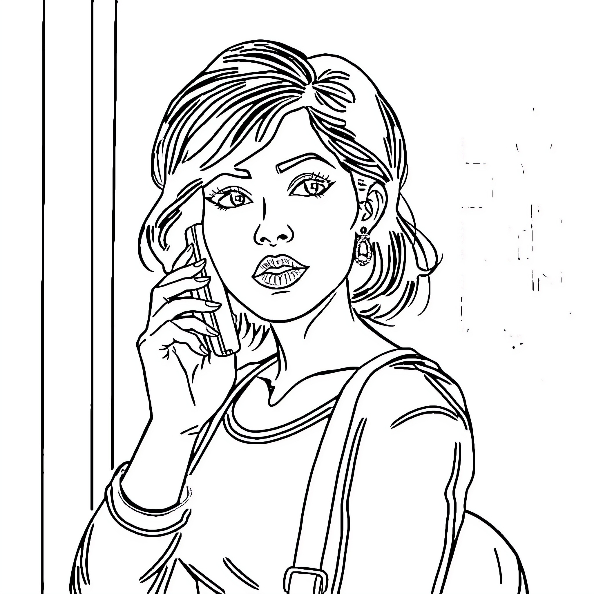 Woman on a phone call with a serious expression Coloring Page (free black-and-white line drawing printable PDF for all, from beginners to advanced learners, including children, teens, adults, and seniors)