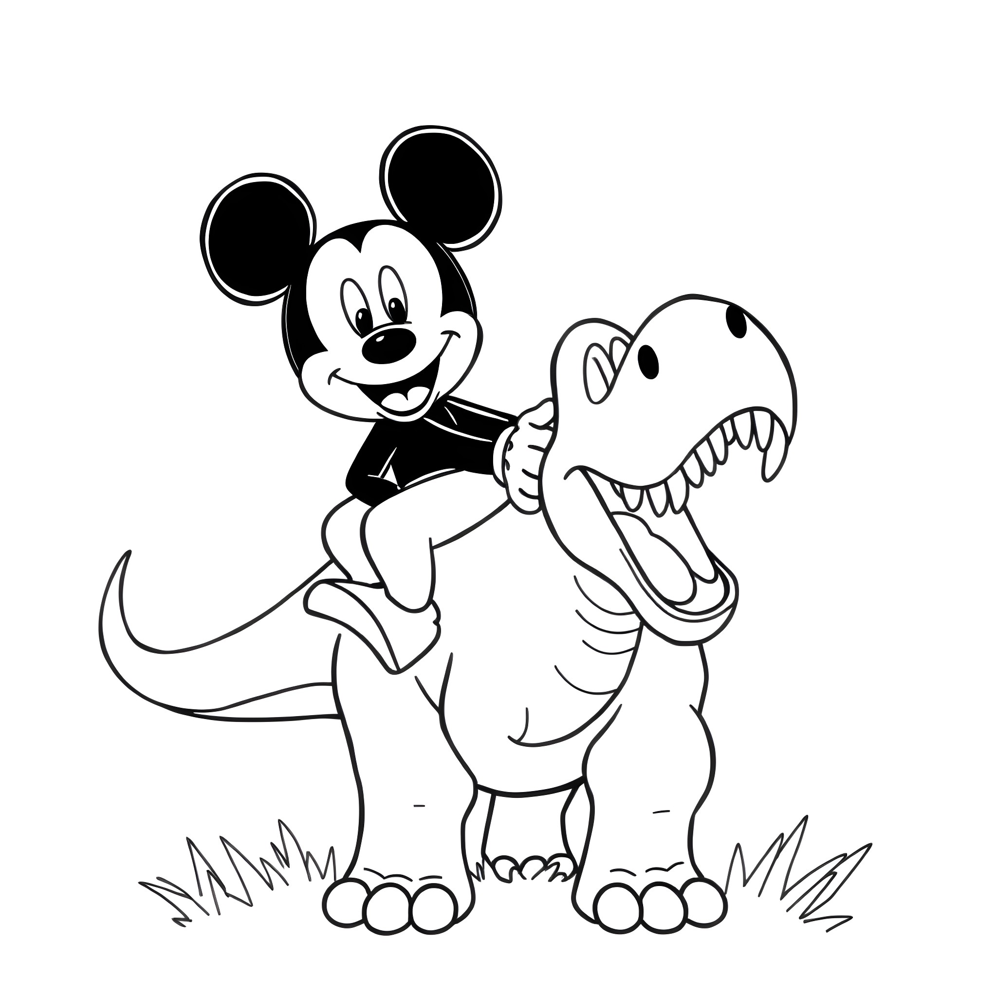 Mickey Mouse riding on a friendly dinosaur Coloring Page (free black-and-white line drawing printable PDF for all, from beginners to advanced learners, including children, teens, adults, and seniors)