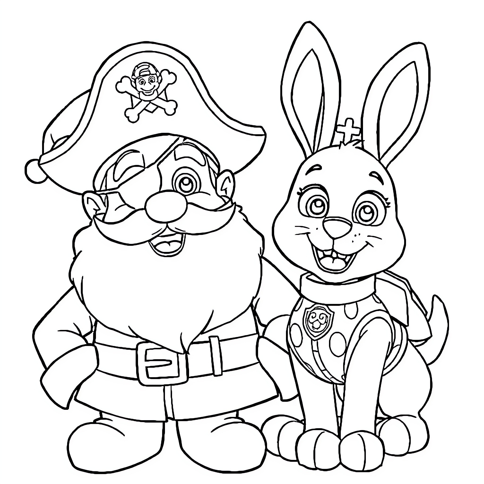 Santa and Pirate Bunny in Costume Coloring Page (free black-and-white line drawing printable PDF for all, from beginners to advanced learners, including children, teens, adults, and seniors)