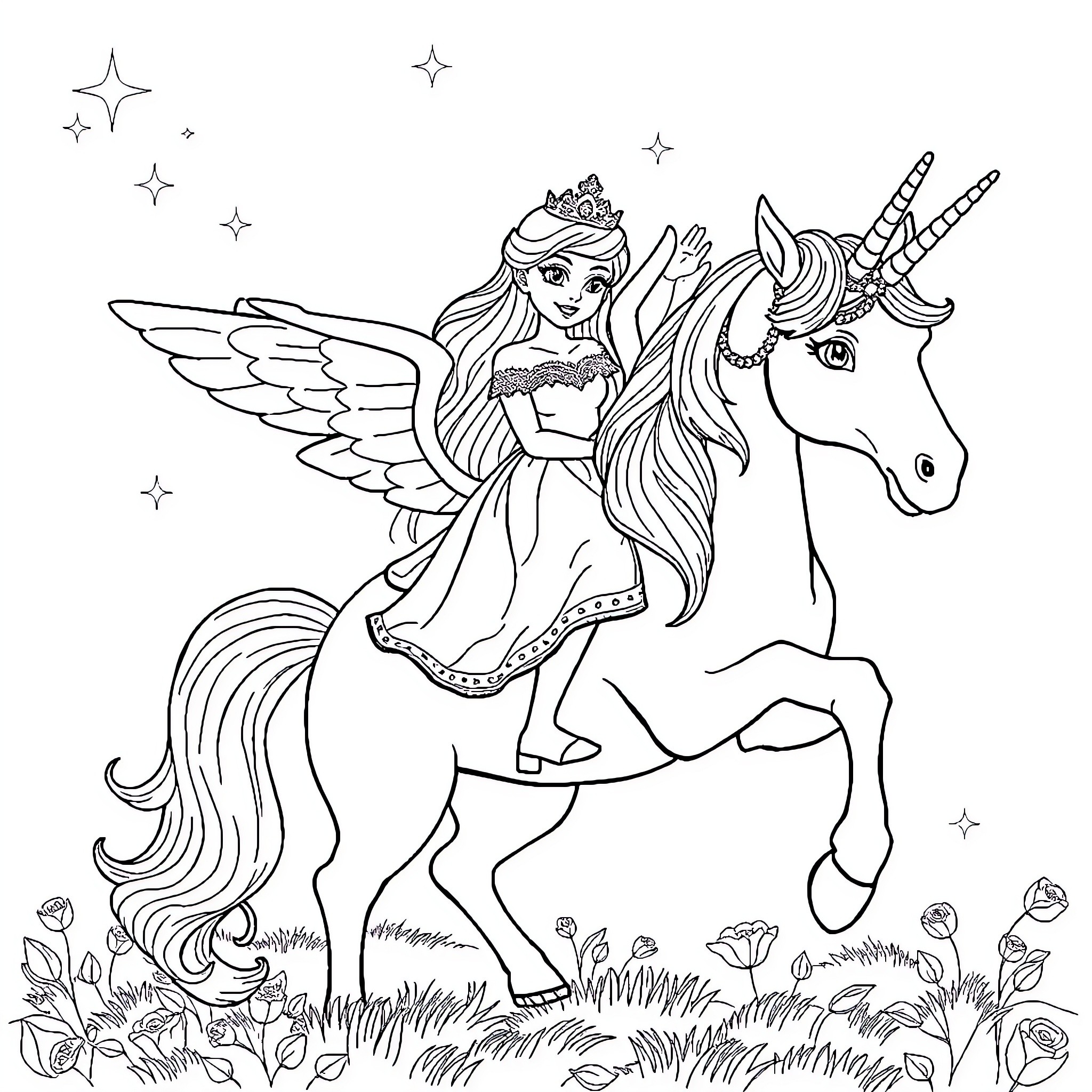Princess riding a majestic unicorn in a magical forest Coloring Page (free black-and-white line drawing printable PDF for all, from beginners to advanced learners, including children, teens, adults, and seniors)