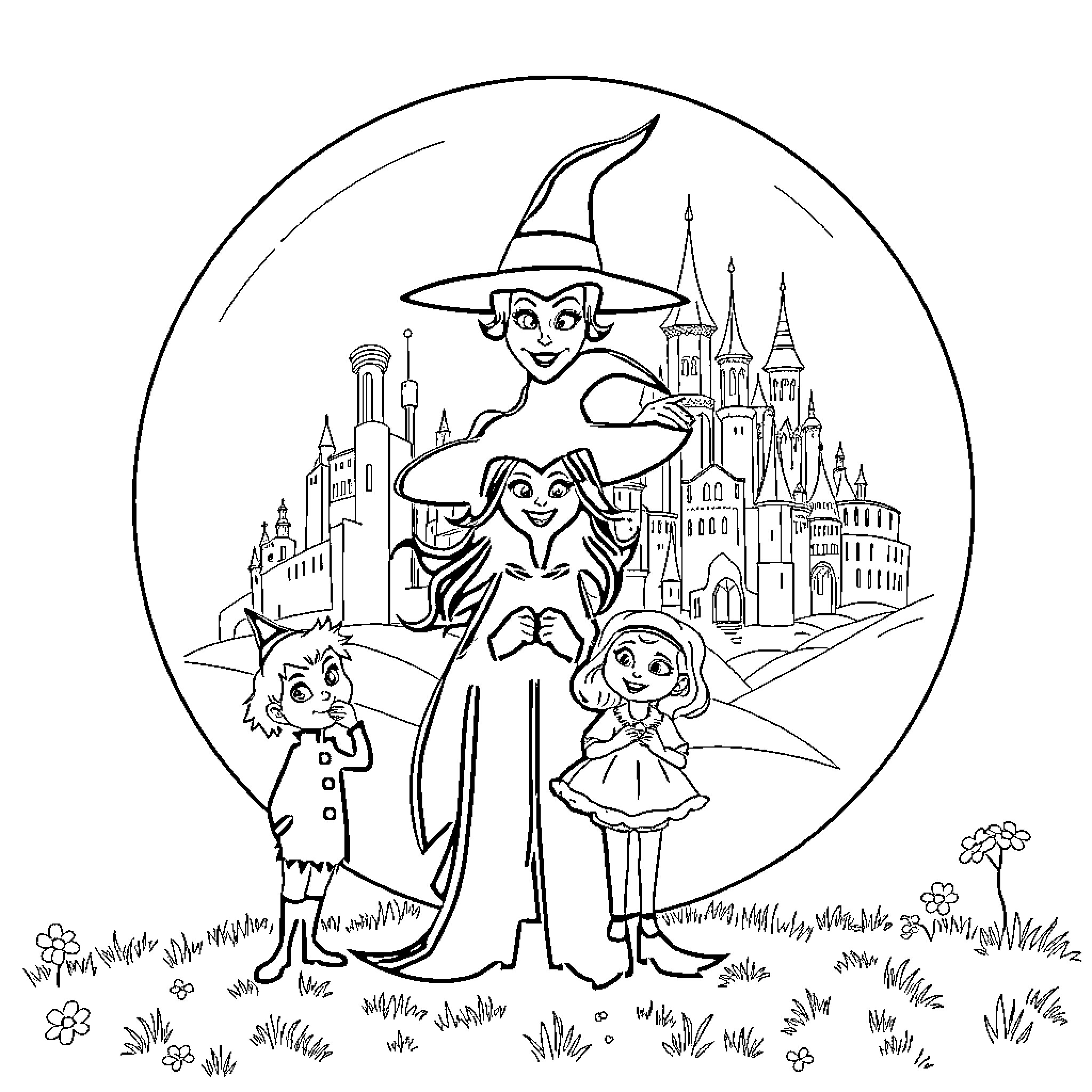 Character family enjoying a magical kingdom Coloring Page (free black-and-white line drawing printable PDF for all, from beginners to advanced learners, including children, teens, adults, and seniors)