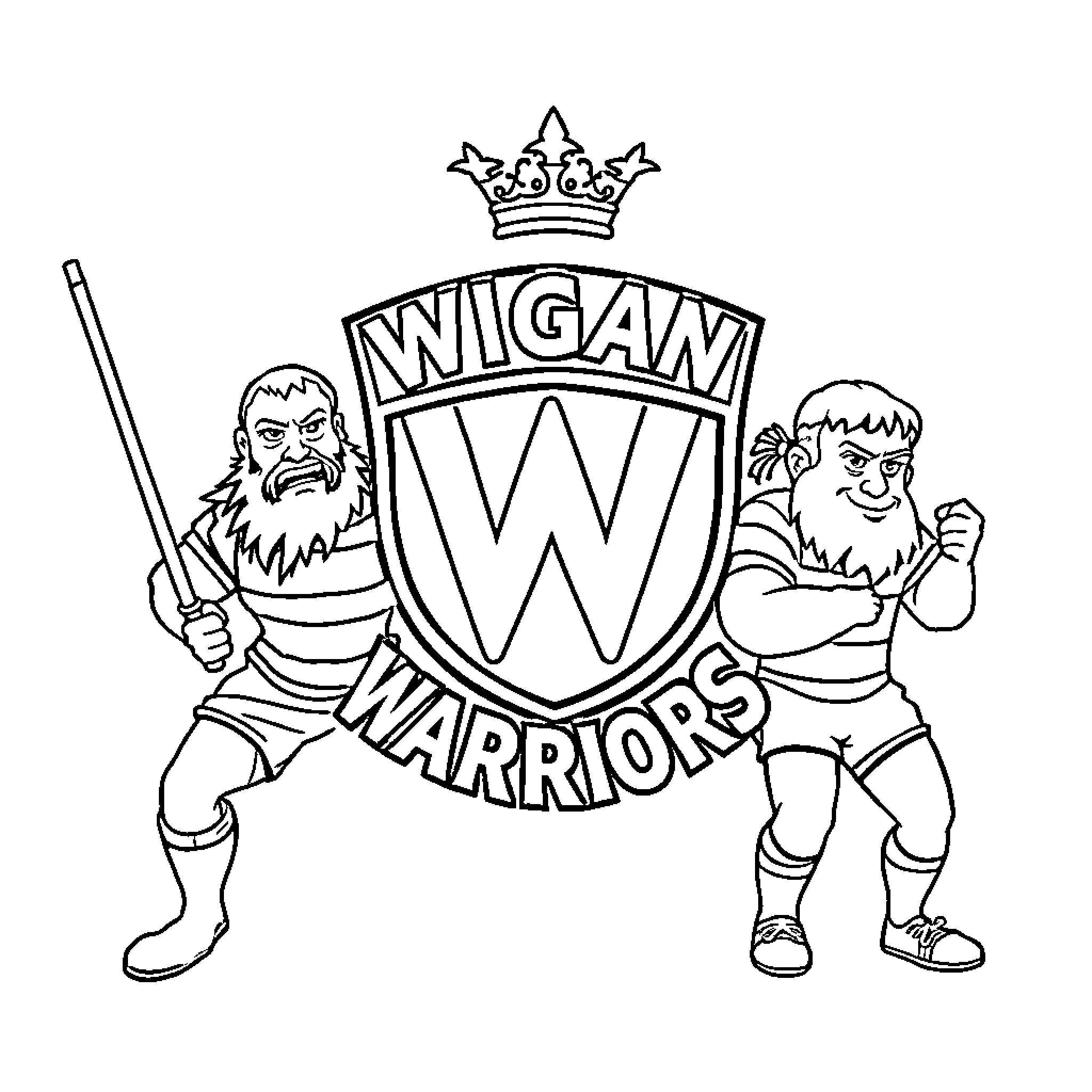 Wigan Warriors athletes displaying team spirit Coloring Page (free black-and-white line drawing printable PDF for all, from beginners to advanced learners, including children, teens, adults, and seniors)
