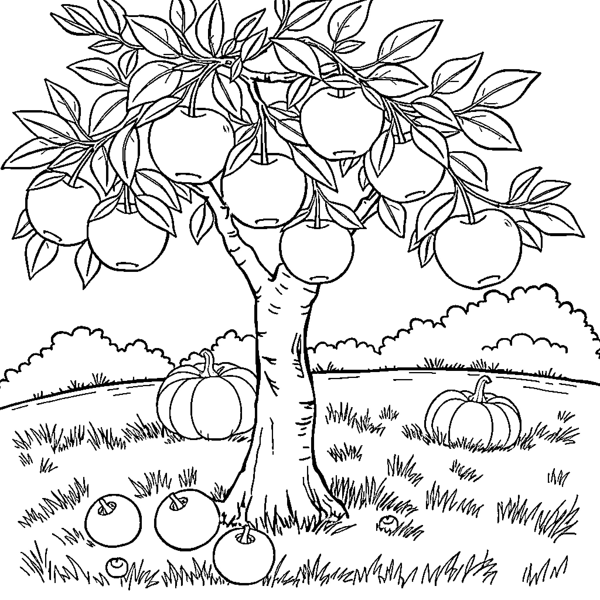 Apple Tree with Ripe Fruits in the Autumn Landscape Coloring Page (free black-and-white line drawing printable PDF for all, from beginners to advanced learners, including children, teens, adults, and seniors)