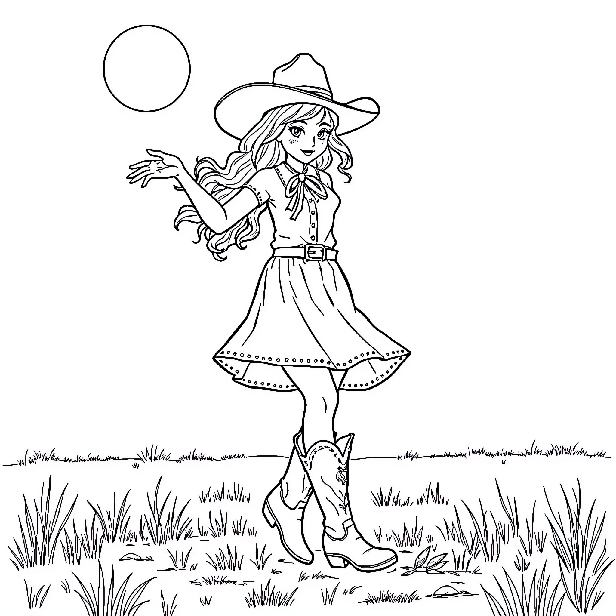 Girl in Cowgirl Outfit Dancing in the Meadow Coloring Page (free black-and-white line drawing printable PDF for all, from beginners to advanced learners, including children, teens, adults, and seniors)