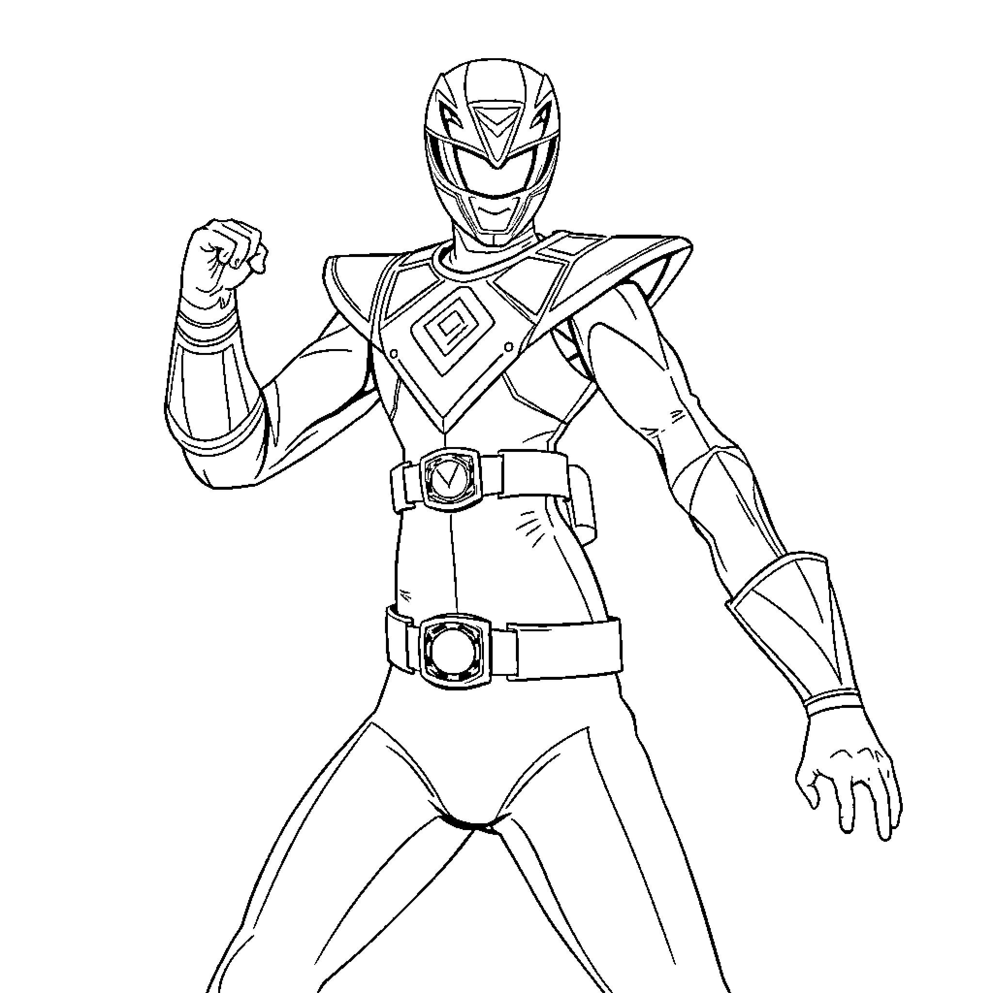 Power Ranger heroically posing in action attire Coloring Page (free black-and-white line drawing printable PDF for all, from beginners to advanced learners, including children, teens, adults, and seniors)
