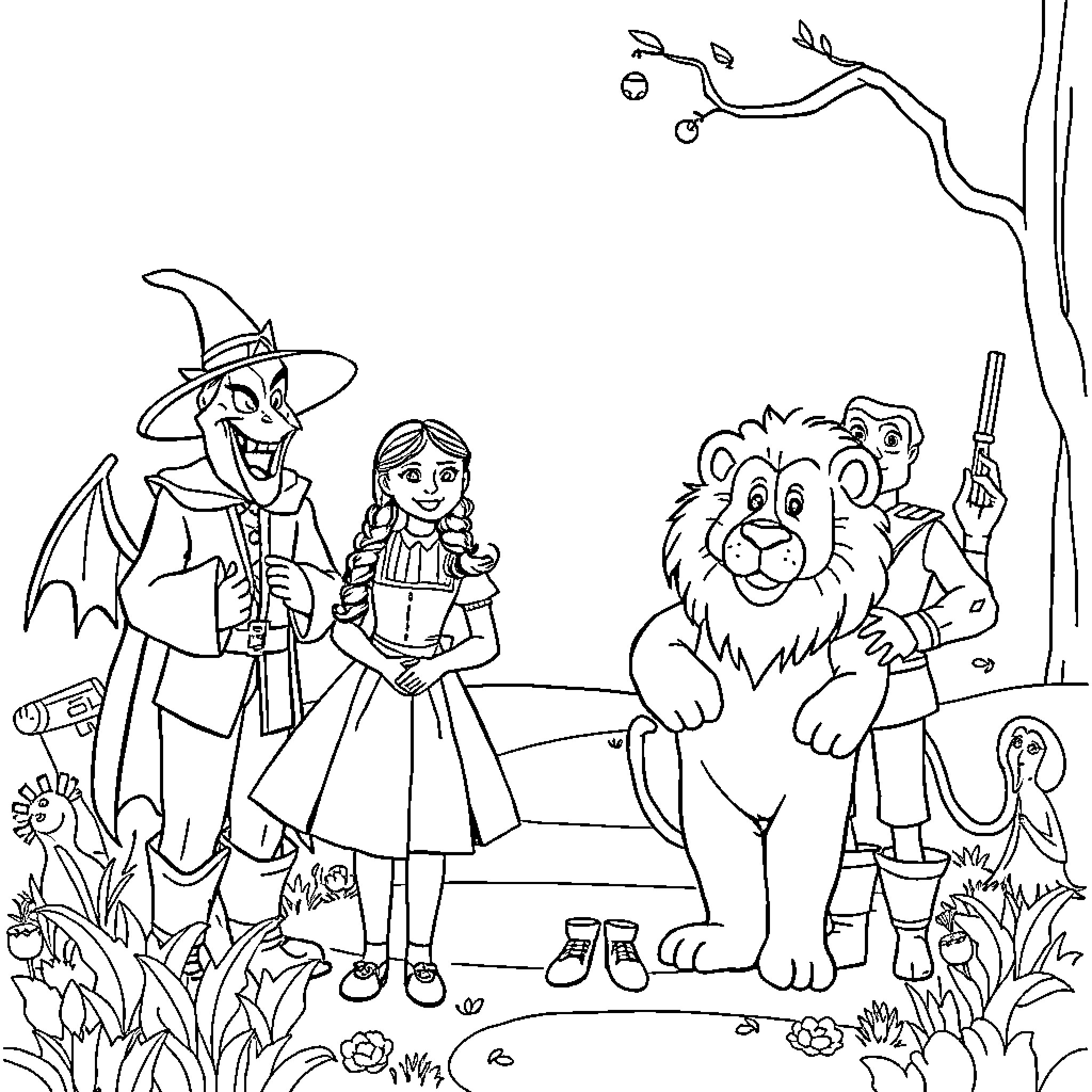 Wizard of Oz characters exploring the enchanted forest Coloring Page (free black-and-white line drawing printable PDF for all, from beginners to advanced learners, including children, teens, adults, and seniors)