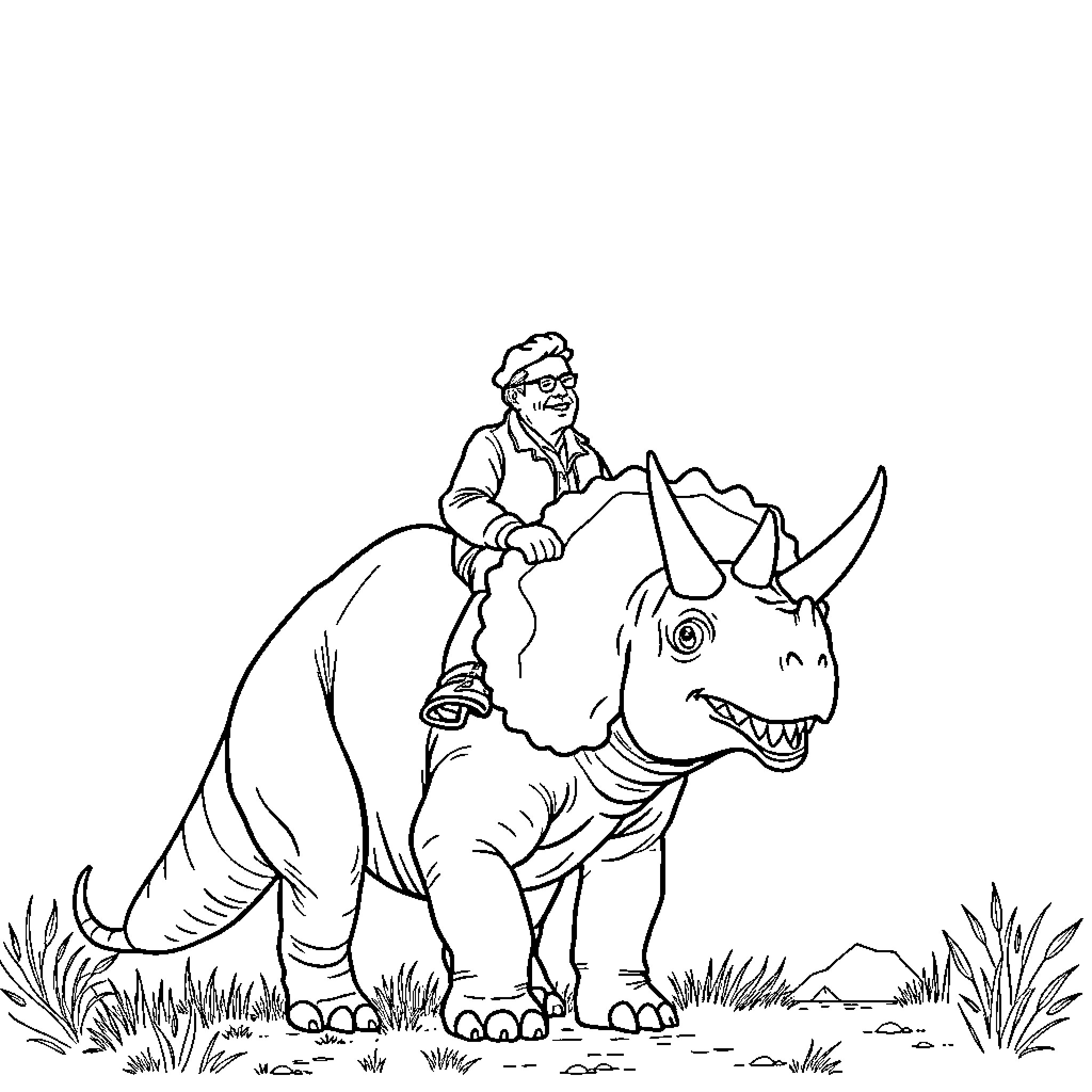 Triceratops with explorer in the wild Coloring Page (free black-and-white line drawing printable PDF for all, from beginners to advanced learners, including children, teens, adults, and seniors)