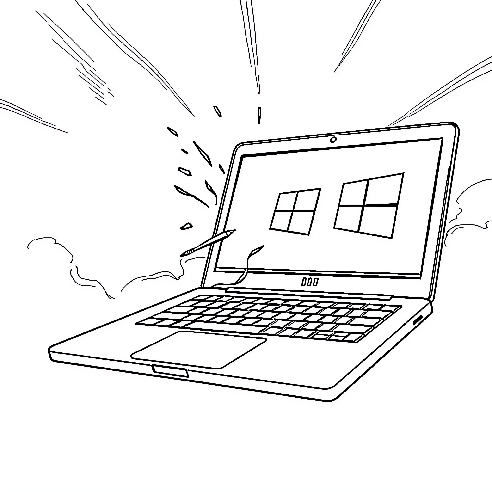 MacBook with Windows screen in fast motion Coloring Page (free black-and-white line drawing printable PDF for all, from beginners to advanced learners, including children, teens, adults, and seniors)