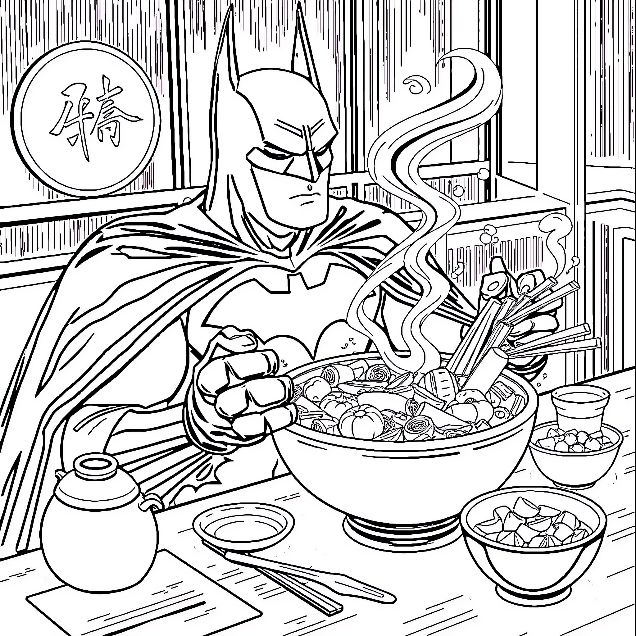Batman Enjoying a Delectable Meal Coloring Page (free black-and-white line drawing printable PDF for all, from beginners to advanced learners, including children, teens, adults, and seniors)