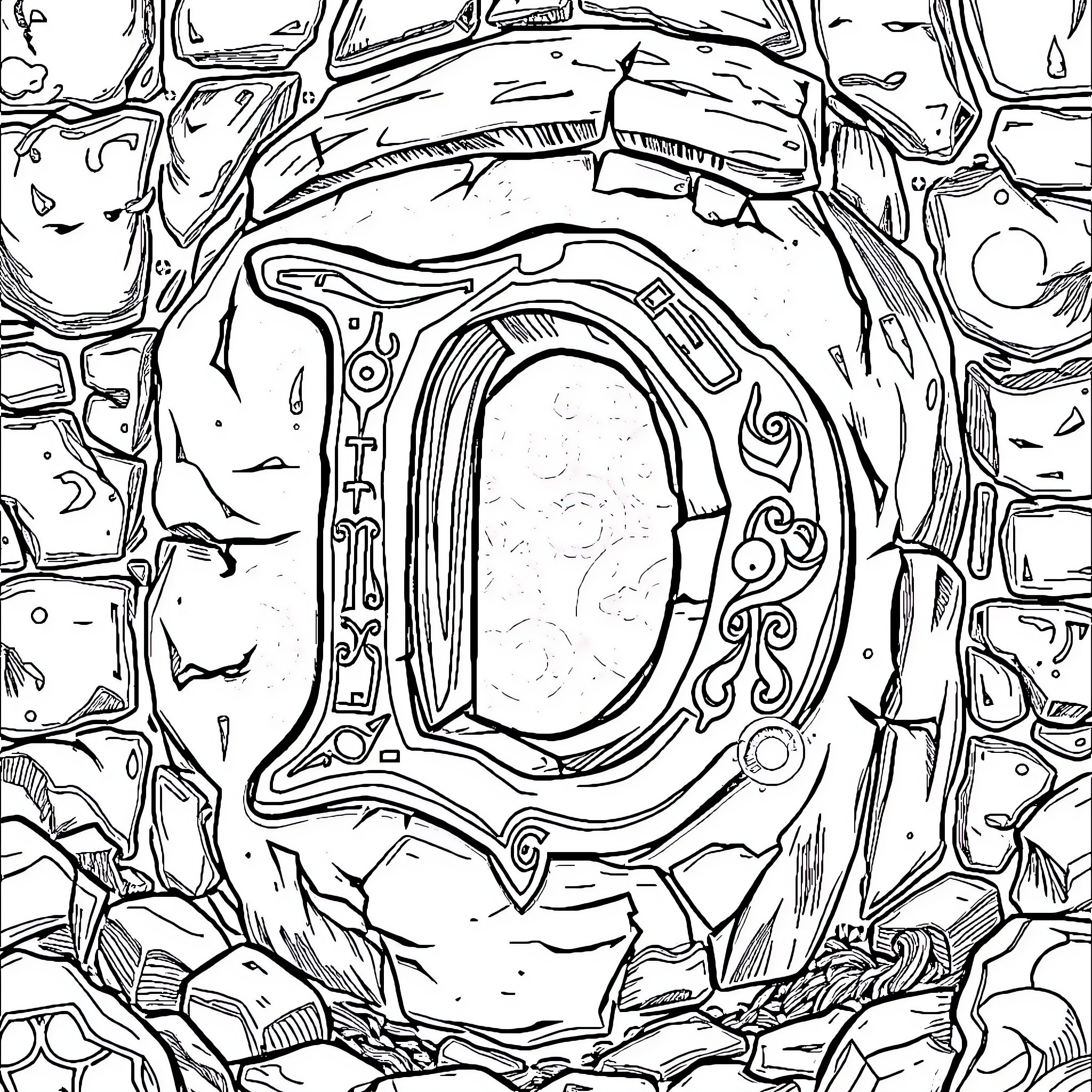Letter D within an ornate stone arch Coloring Page (free black-and-white line drawing printable PDF for all, from beginners to advanced learners, including children, teens, adults, and seniors)