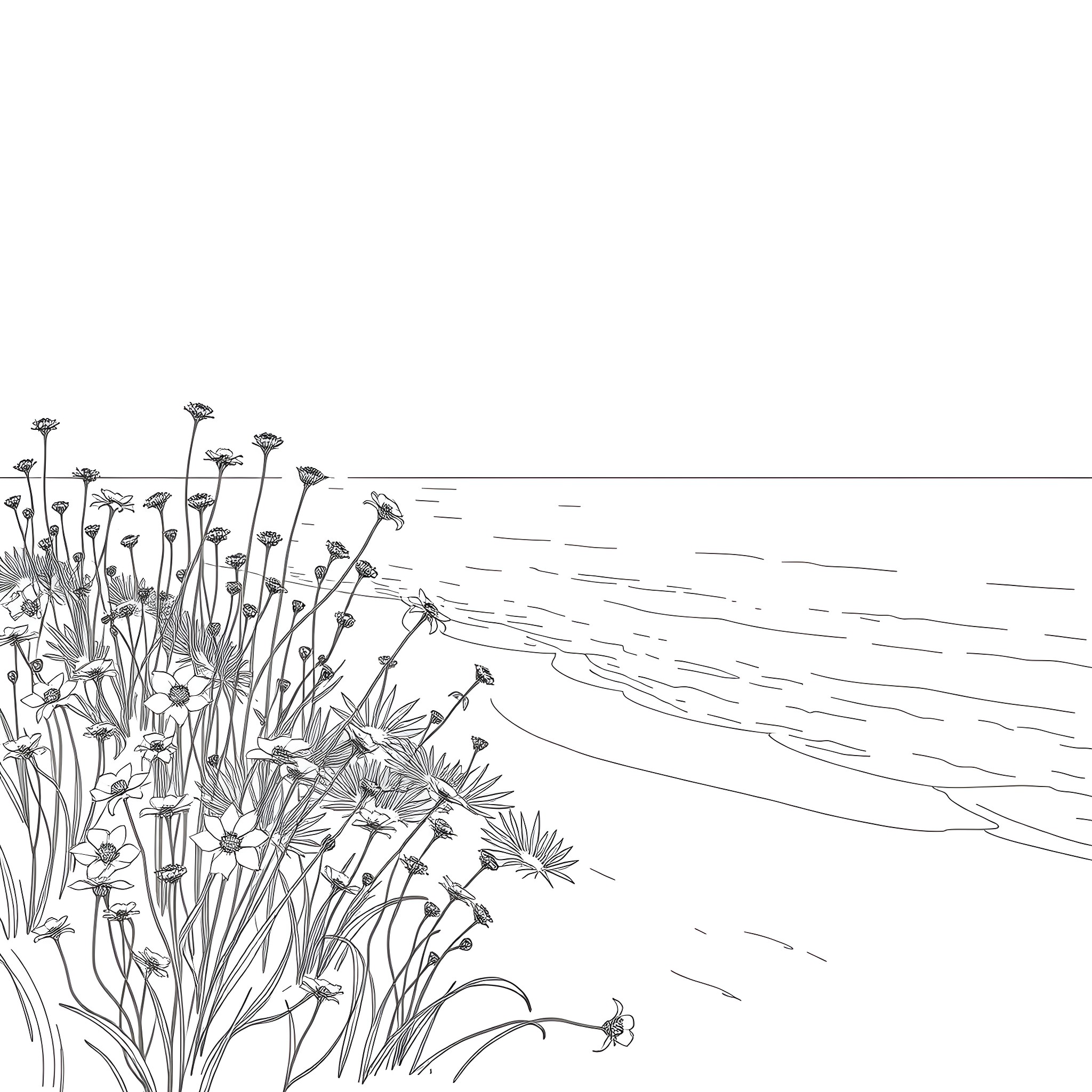 Flower field by the peaceful shore Coloring Page (free black-and-white line drawing printable PDF for all, from beginners to advanced learners, including children, teens, adults, and seniors)