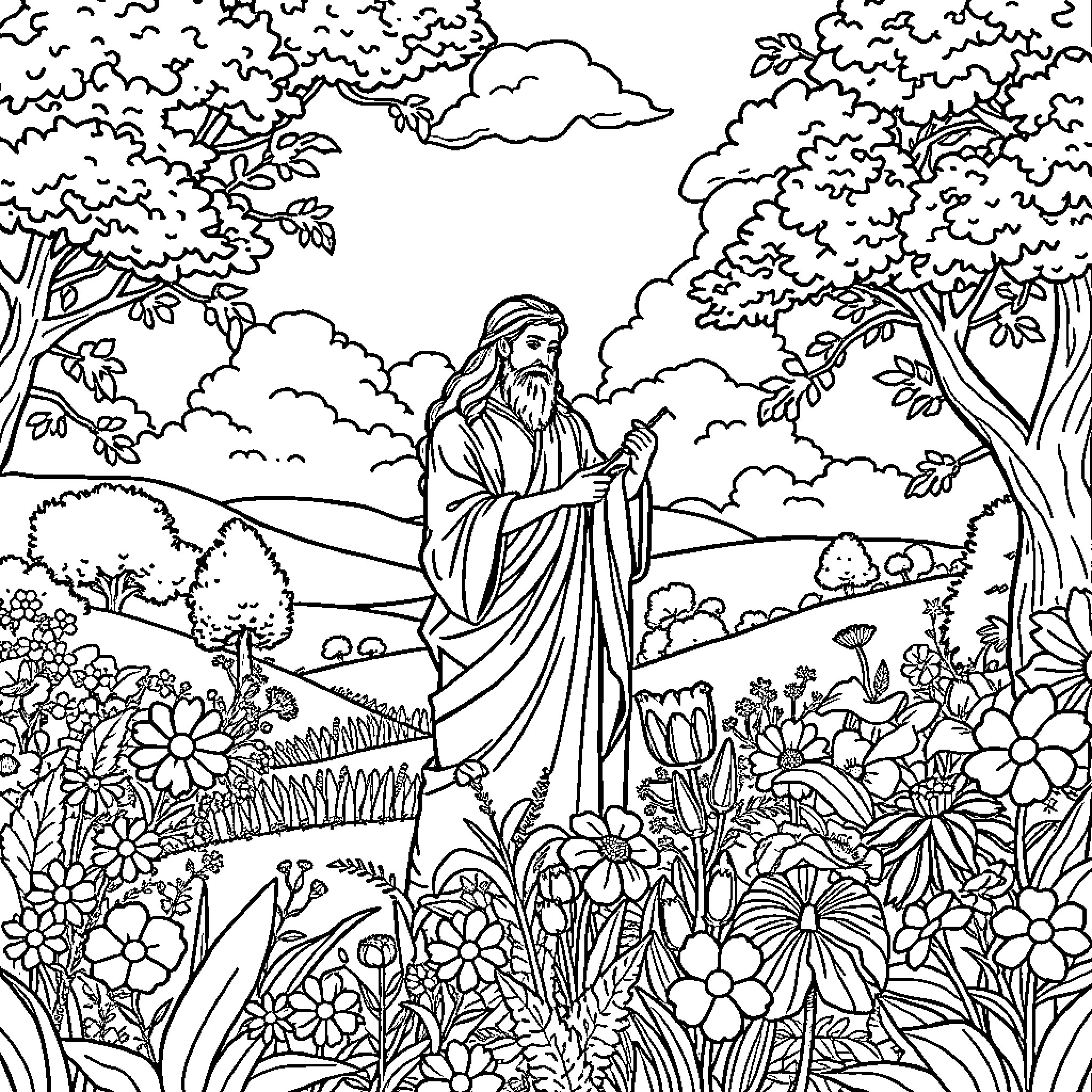 God's Tranquil Garden Embrace Coloring Page (free black-and-white line drawing printable PDF for all, from beginners to advanced learners, including children, teens, adults, and seniors)