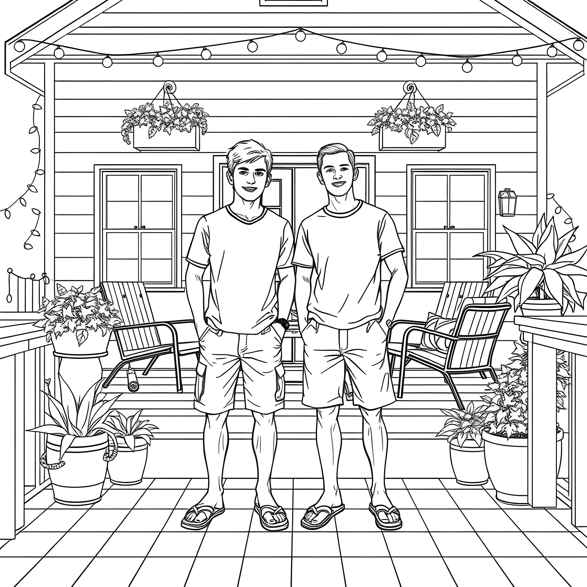 Teen Guys Enjoying Casual Conversation on Porch Coloring Page (free black-and-white line drawing printable PDF for all, from beginners to advanced learners, including children, teens, adults, and seniors)