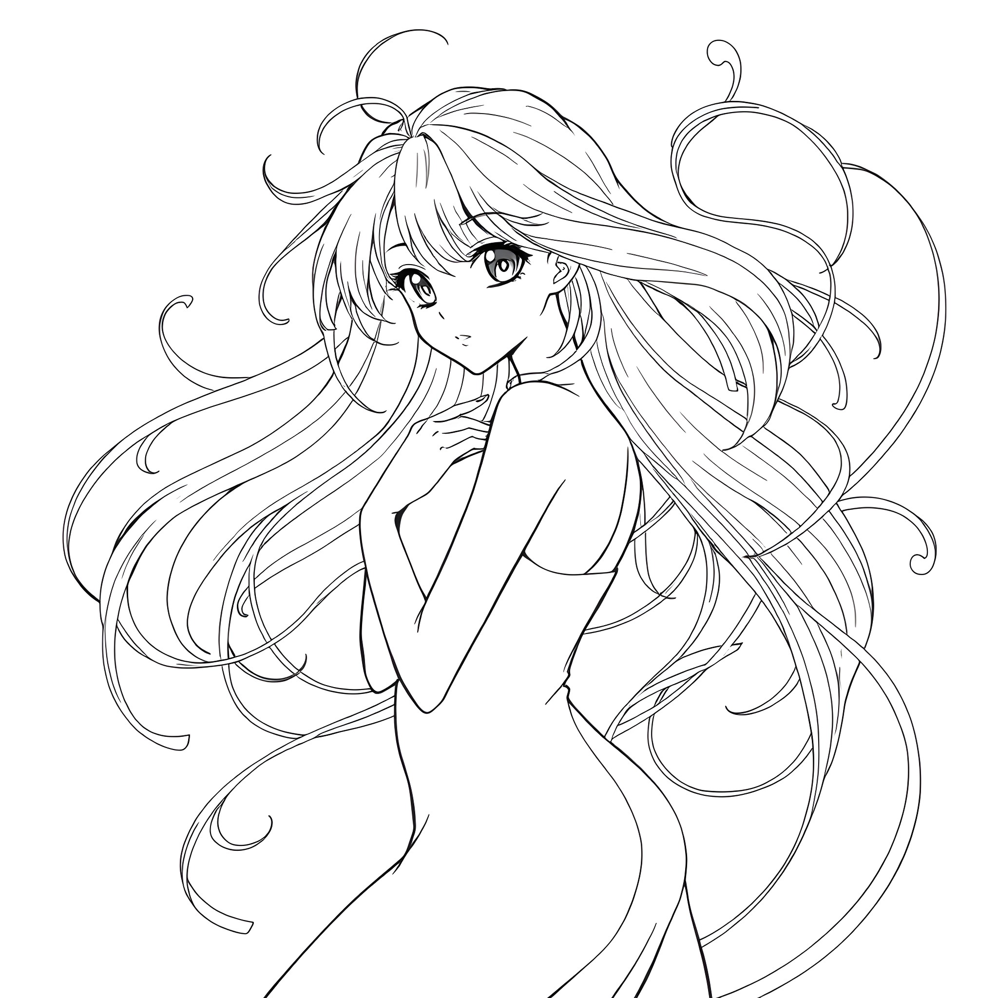 Anime Girl with Flowing Hair and Expressive Eyes Coloring Page (free black-and-white line drawing printable PDF for all, from beginners to advanced learners, including children, teens, adults, and seniors)