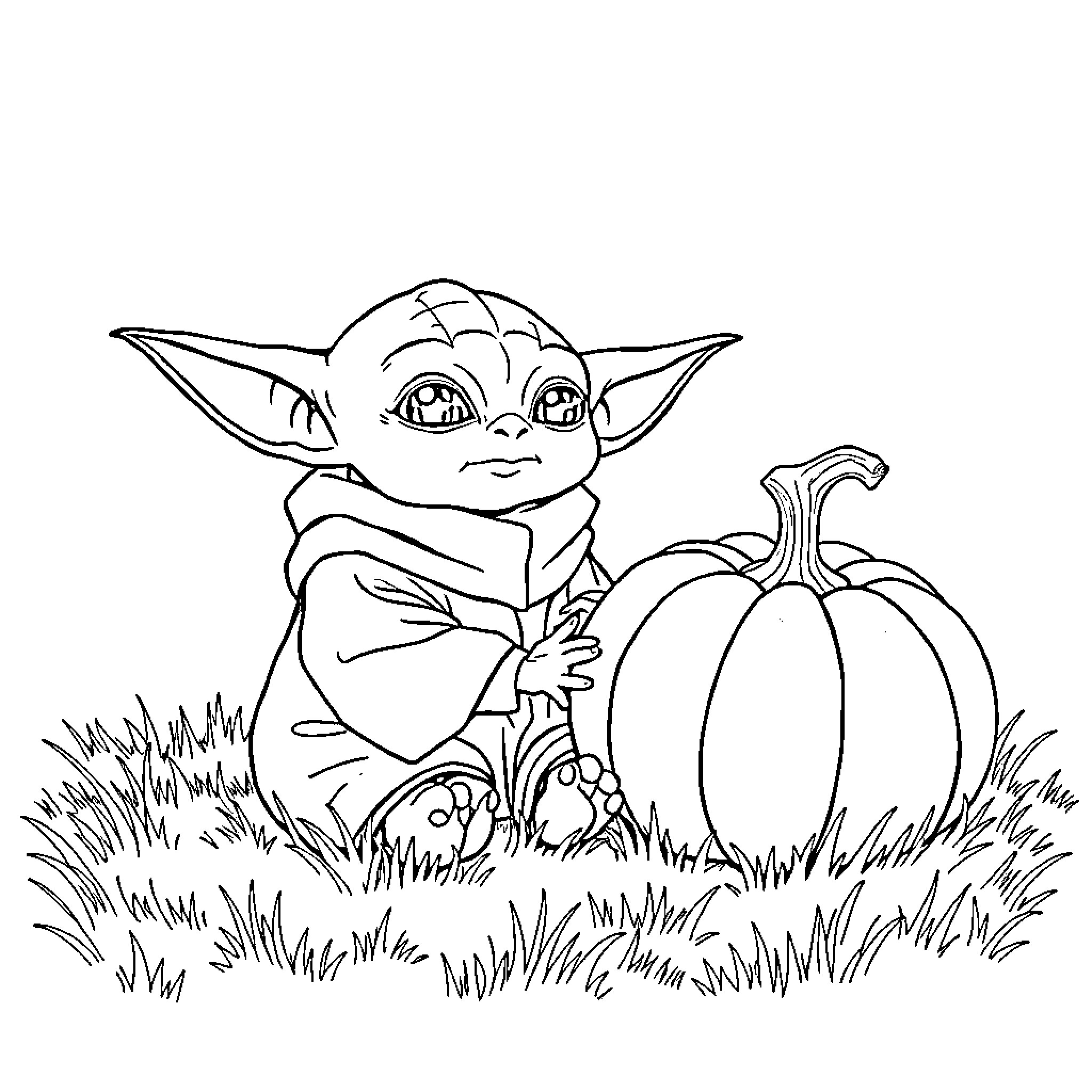 Baby Yoda playing with pumpkin in the grass Coloring Page (free black-and-white line drawing printable PDF for all, from beginners to advanced learners, including children, teens, adults, and seniors)