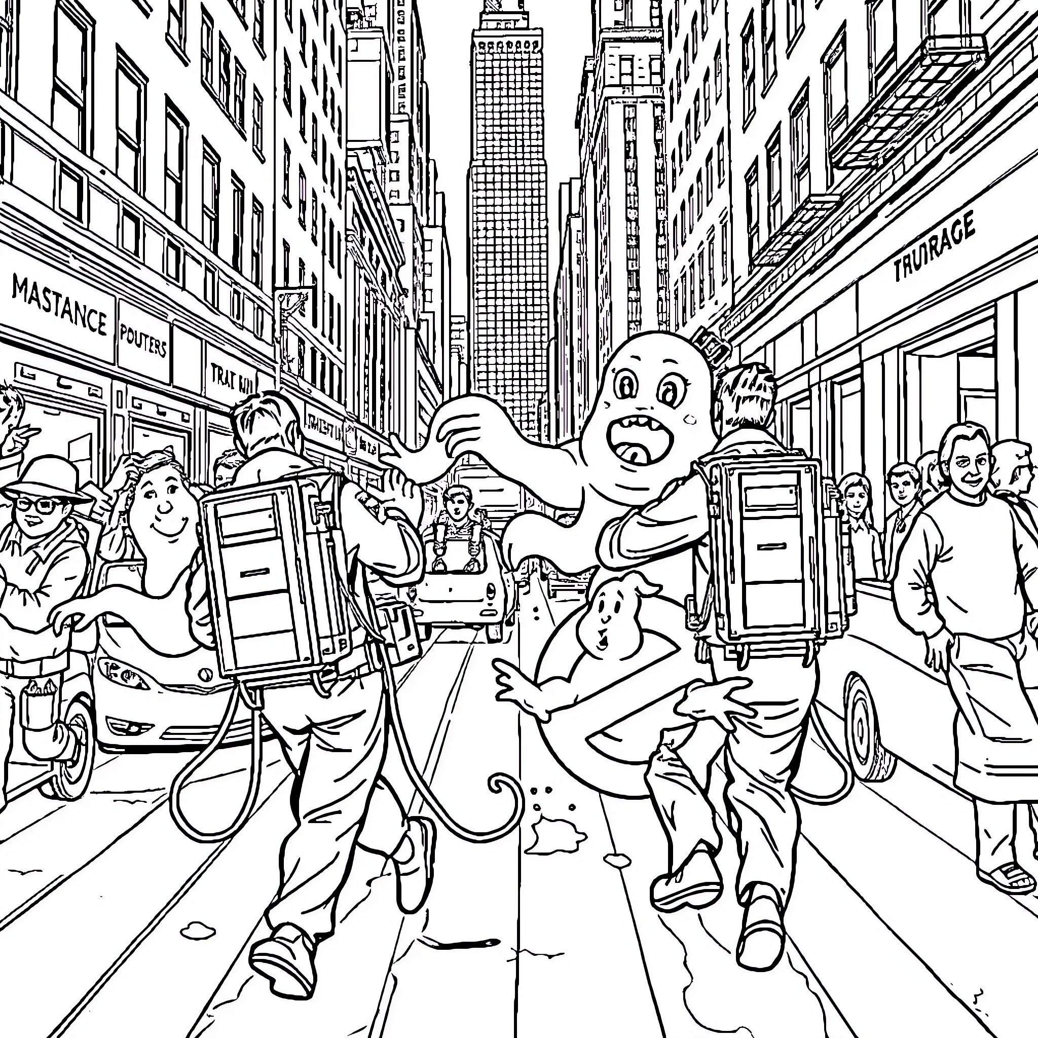 Ghostbusters battling supernatural forces in the city Coloring Page (free black-and-white line drawing printable PDF for all, from beginners to advanced learners, including children, teens, adults, and seniors)